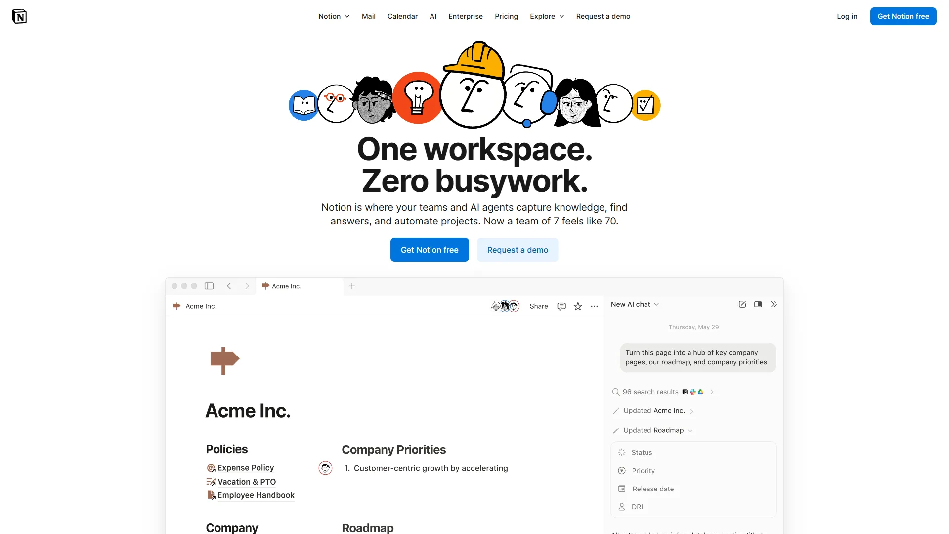 Notion workspace with databases, AI agents, and flexible project views