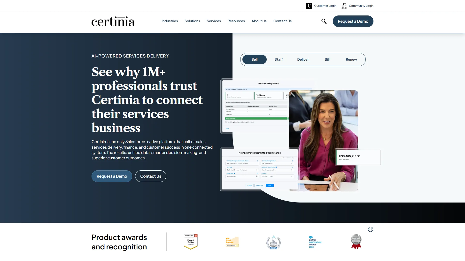 Certinia homepage showing Salesforce-native platform for services businesses