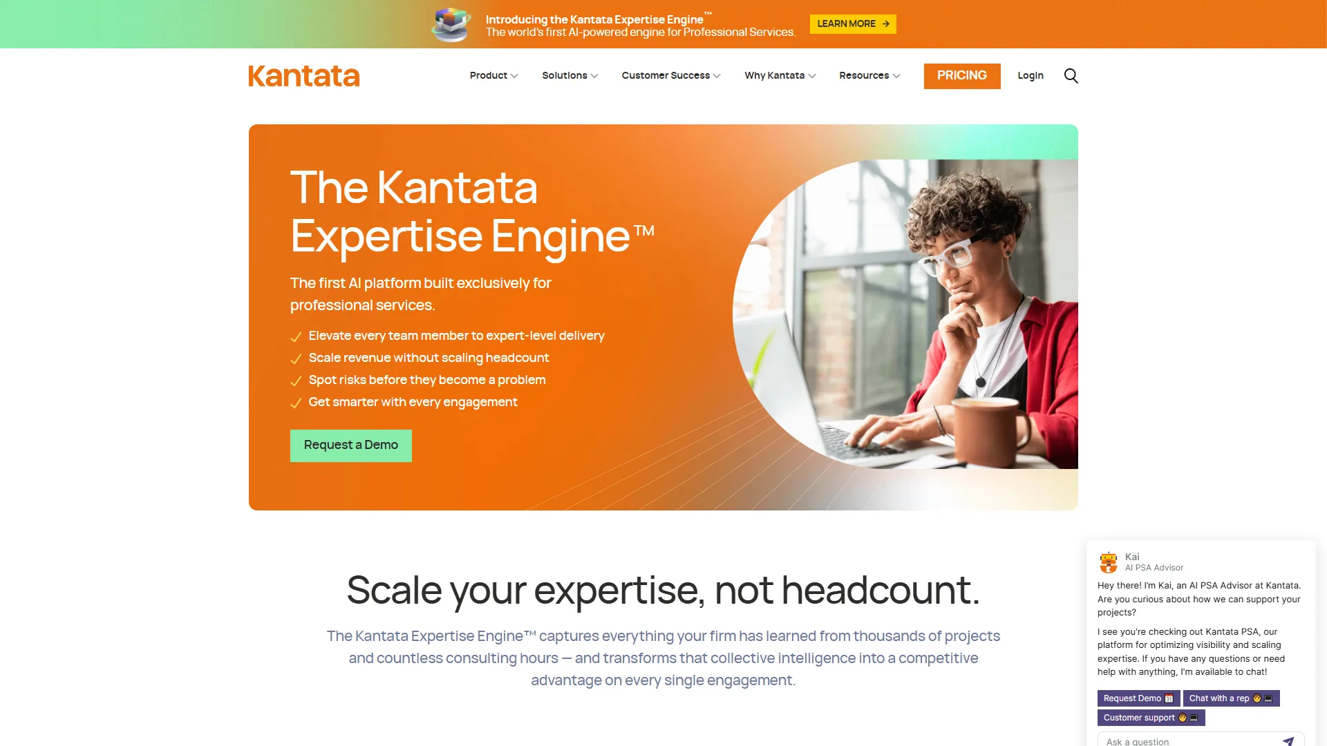 Kantata homepage promoting the Expertise Engine for professional services