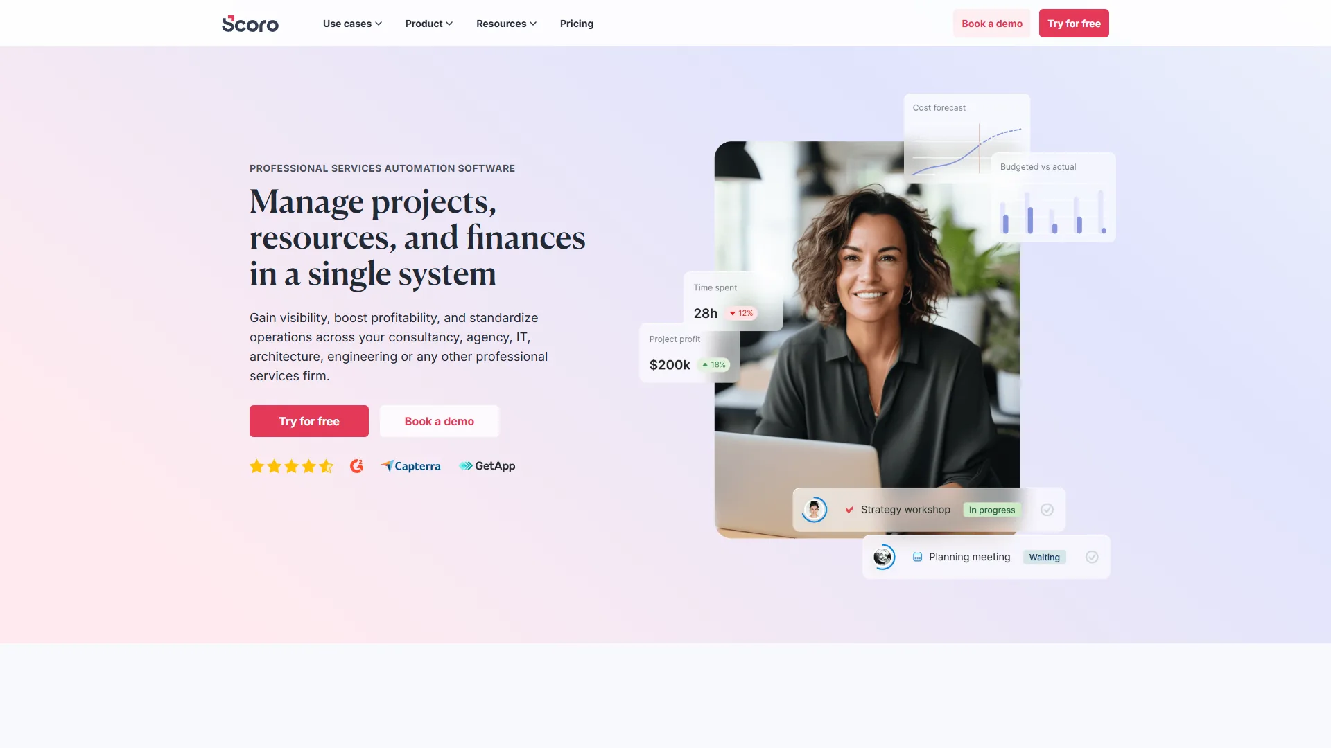 Scoro homepage for professional services automation with project and finance management