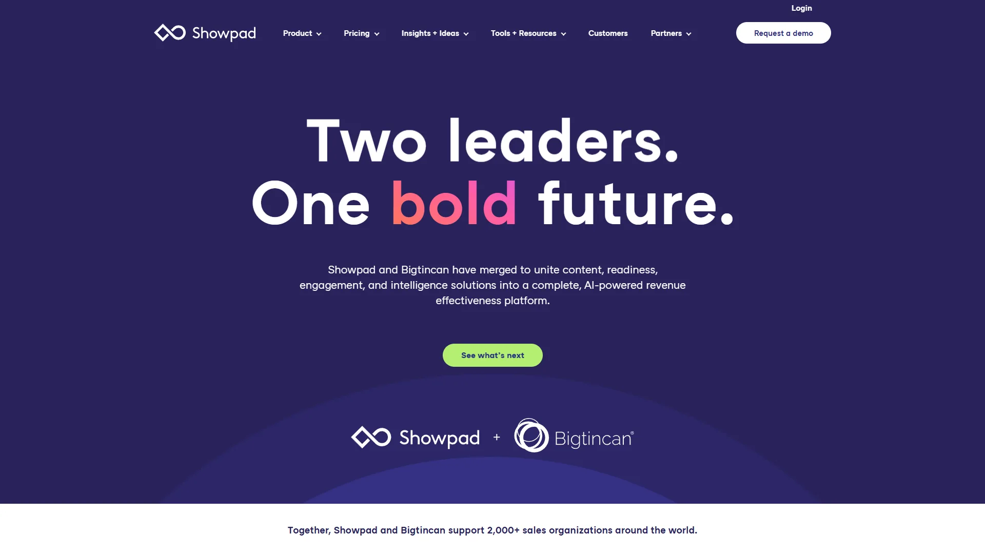 Showpad homepage with Two leaders One bold future heading and Showpad plus Bigtincan merger logos