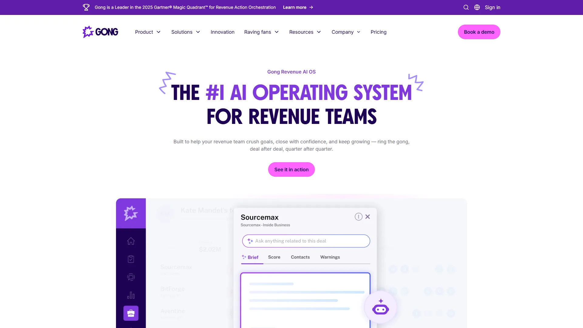 Gong revenue intelligence platform showing AI-powered conversation analytics and deal insights