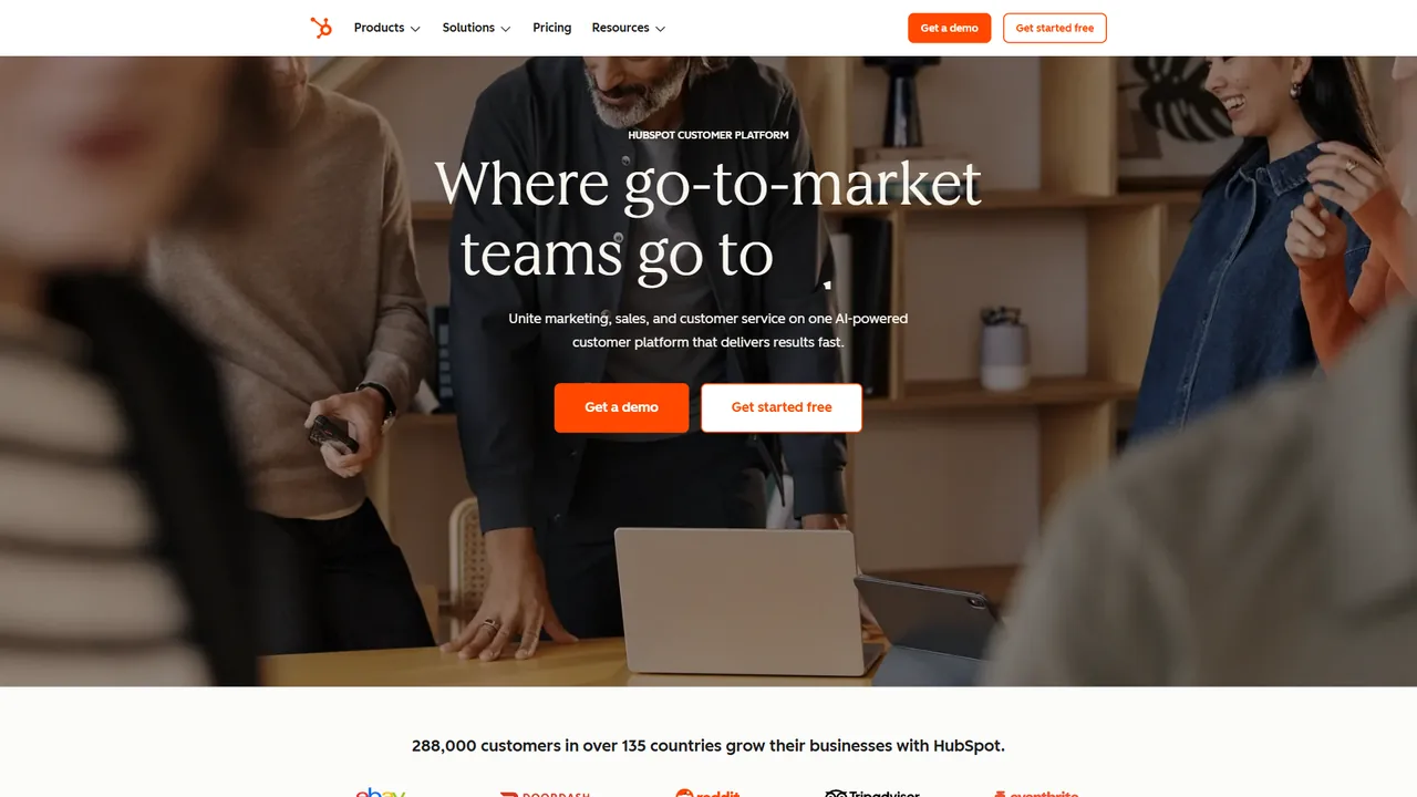 HubSpot CRM platform homepage showing its free CRM tools and marketing-sales alignment features