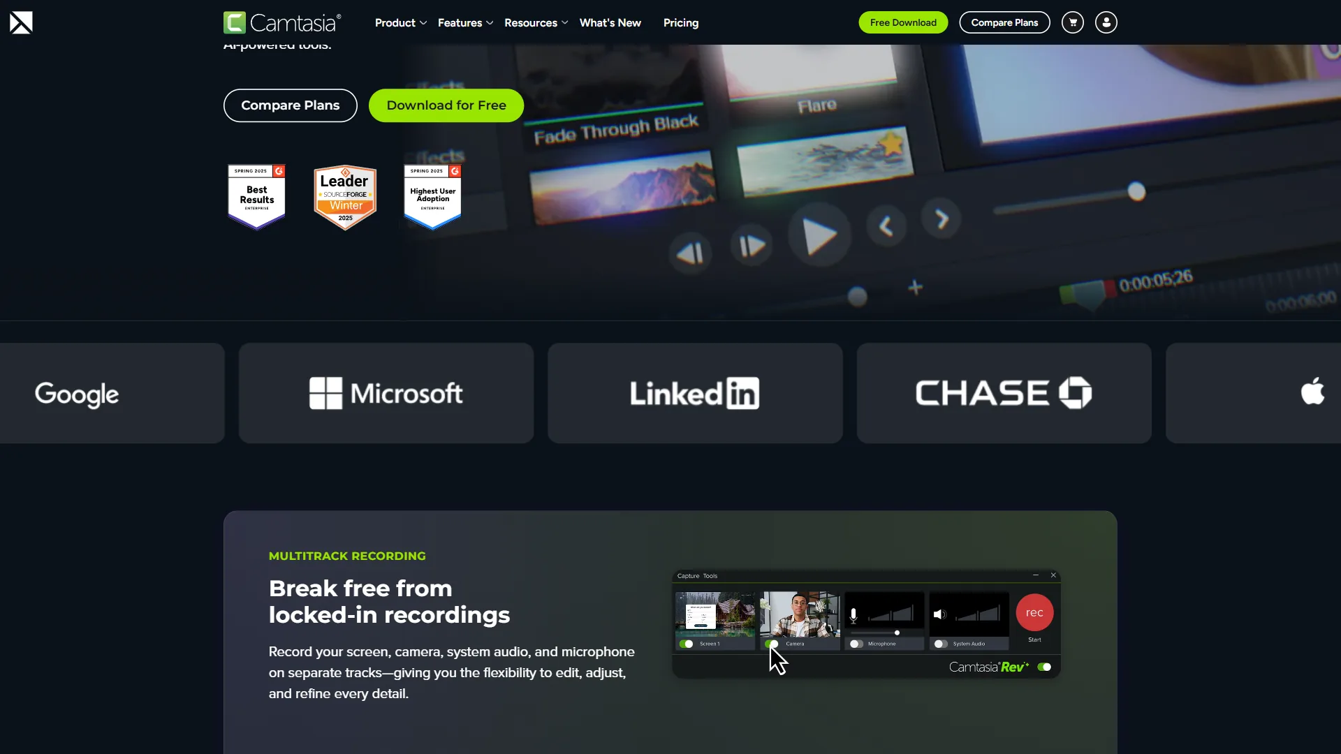 Camtasia homepage with dark theme, download buttons, video preview, and client logos