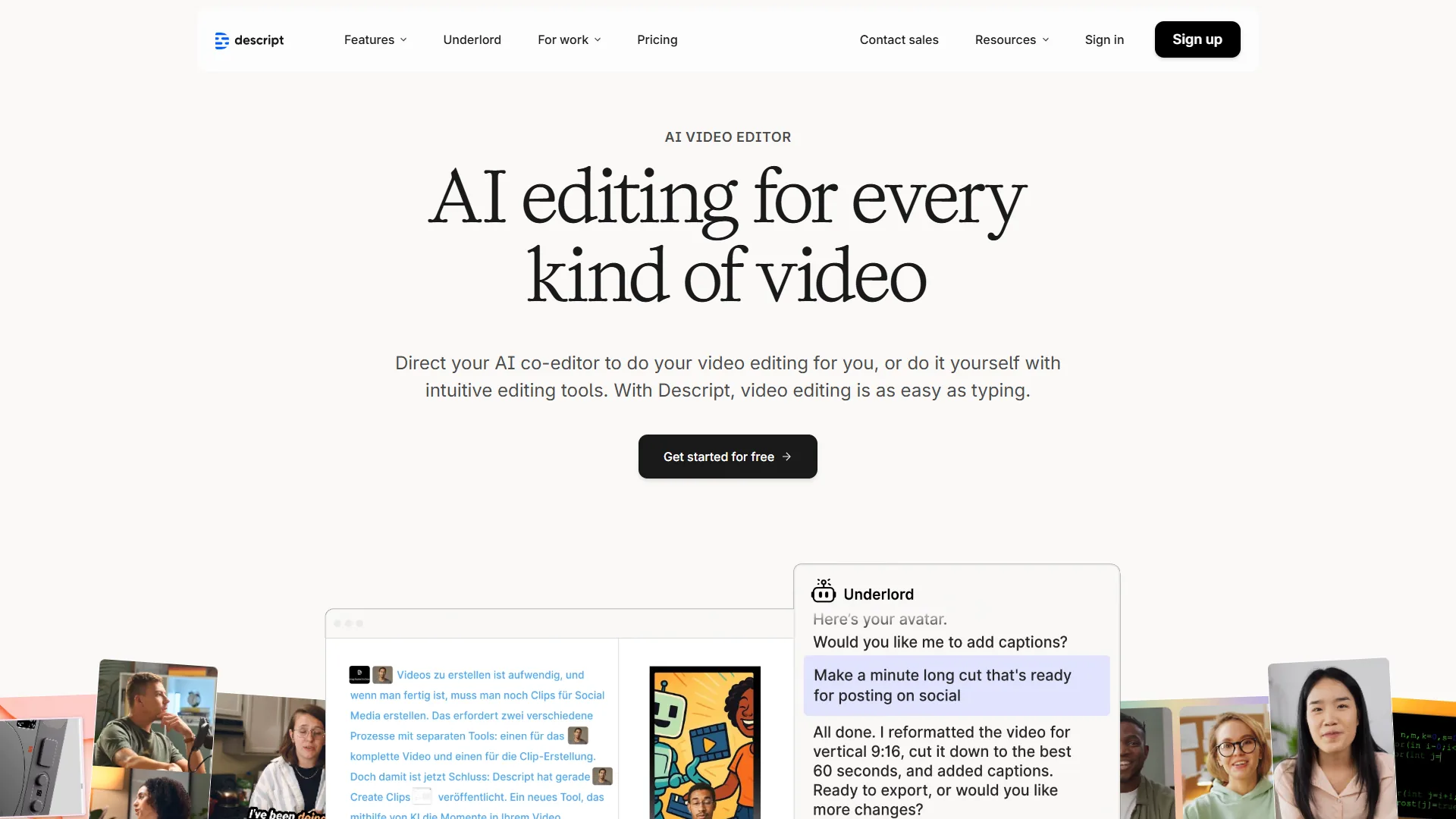 Descript homepage with AI editing for every kind of video headline and Underlord chat assistant