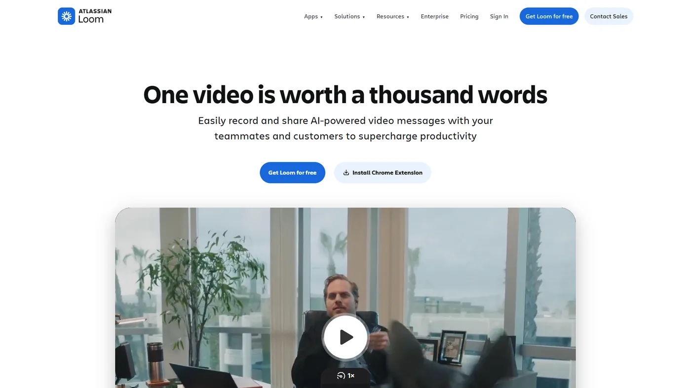Loom homepage with one video is worth a thousand words headline and embedded demo video