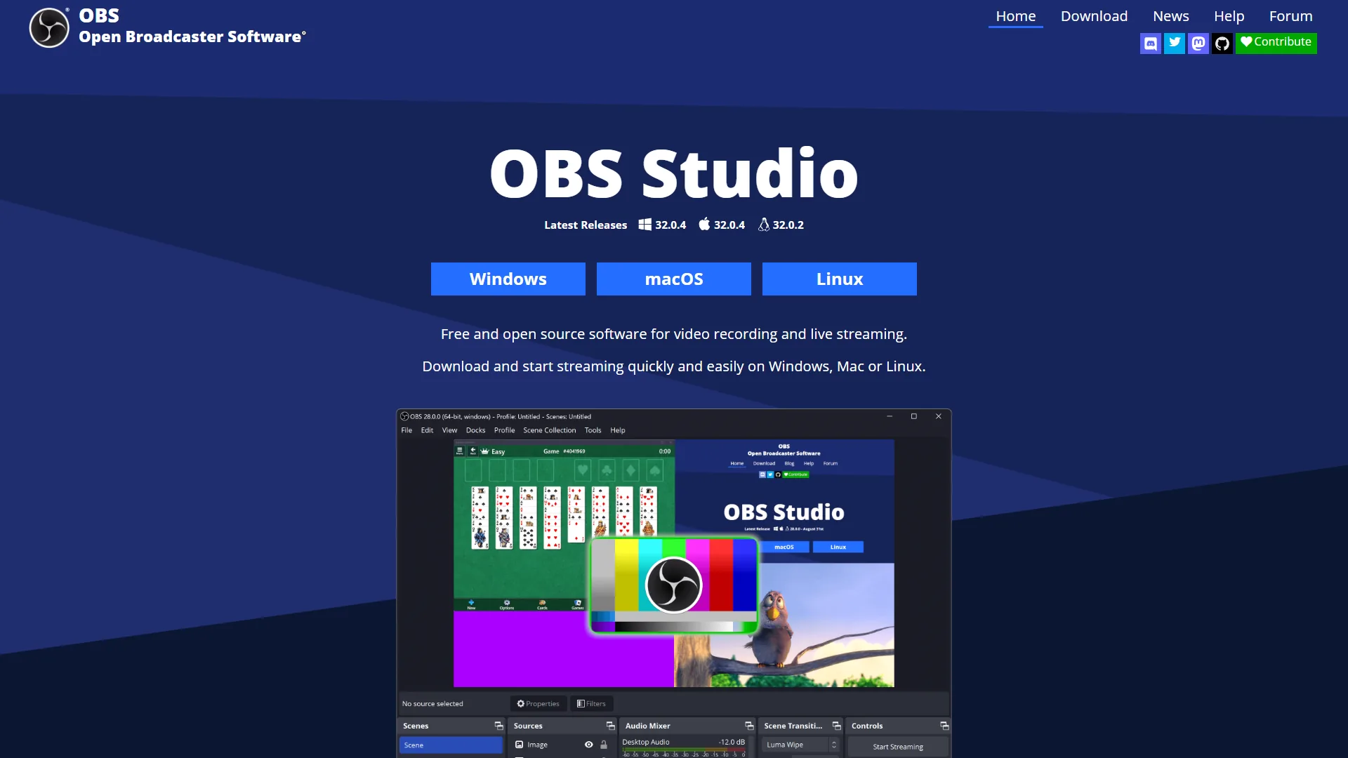 OBS Studio download page with version numbers and Windows, macOS, and Linux buttons