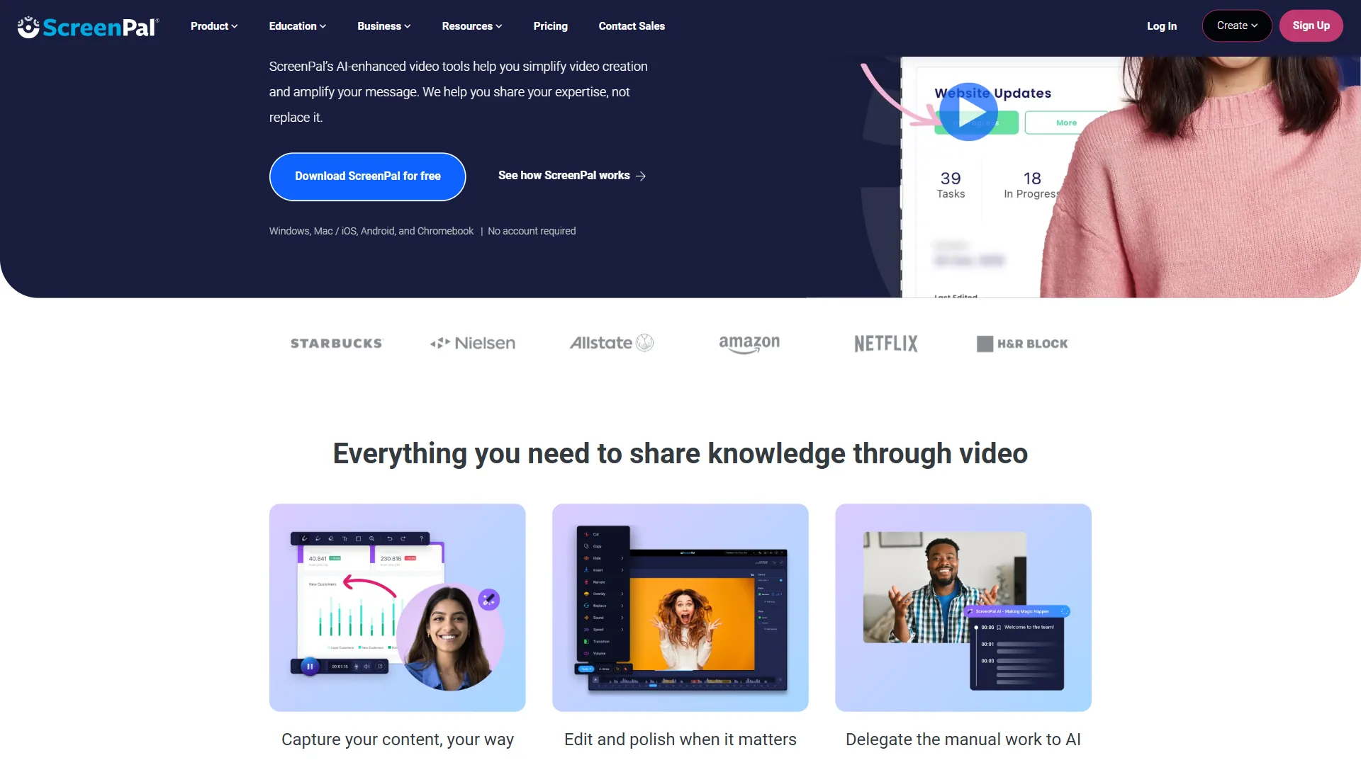 ScreenPal homepage showing screen recording and video editing features
