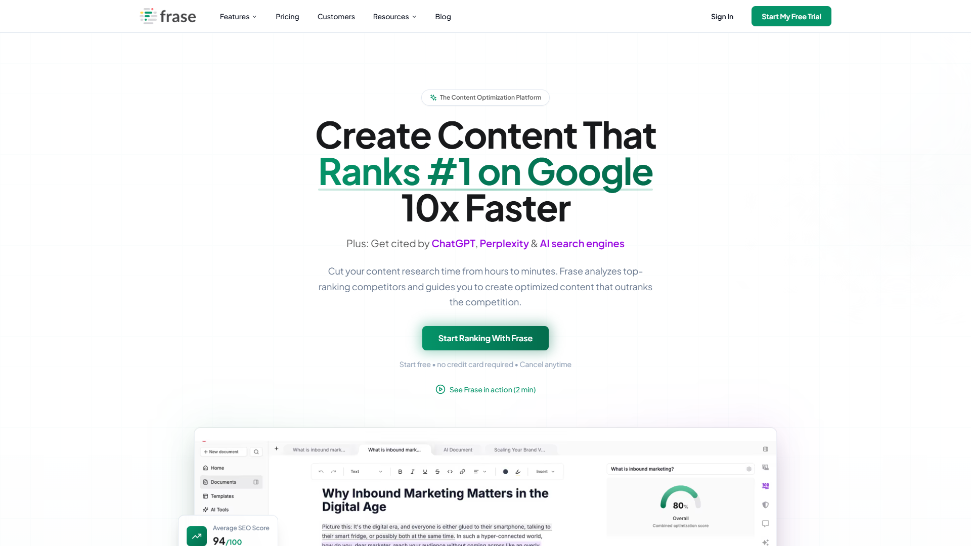 Frase homepage showing AI Article Wizard and content brief generation