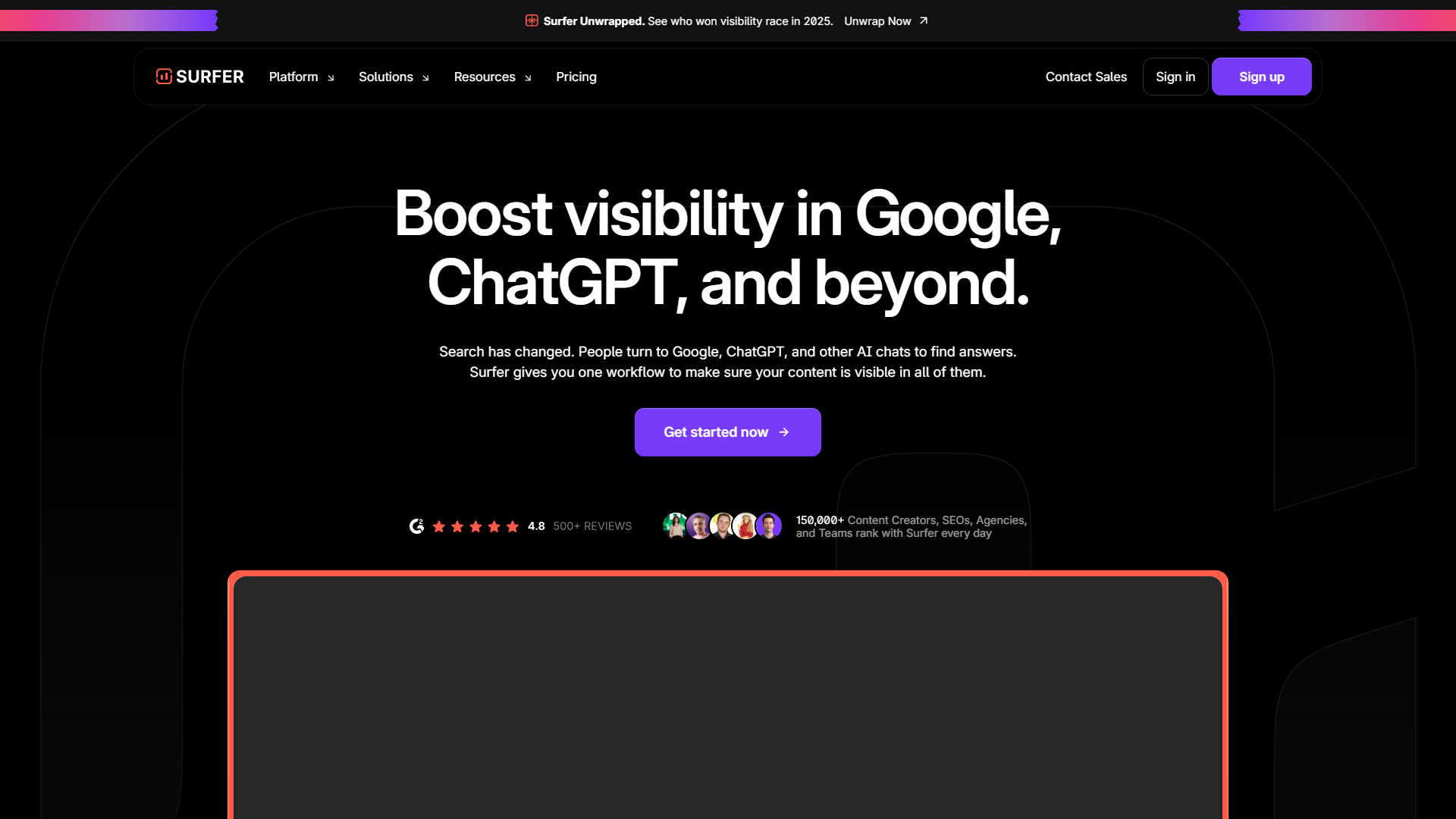 Surfer SEO homepage showing Content Editor and AI features