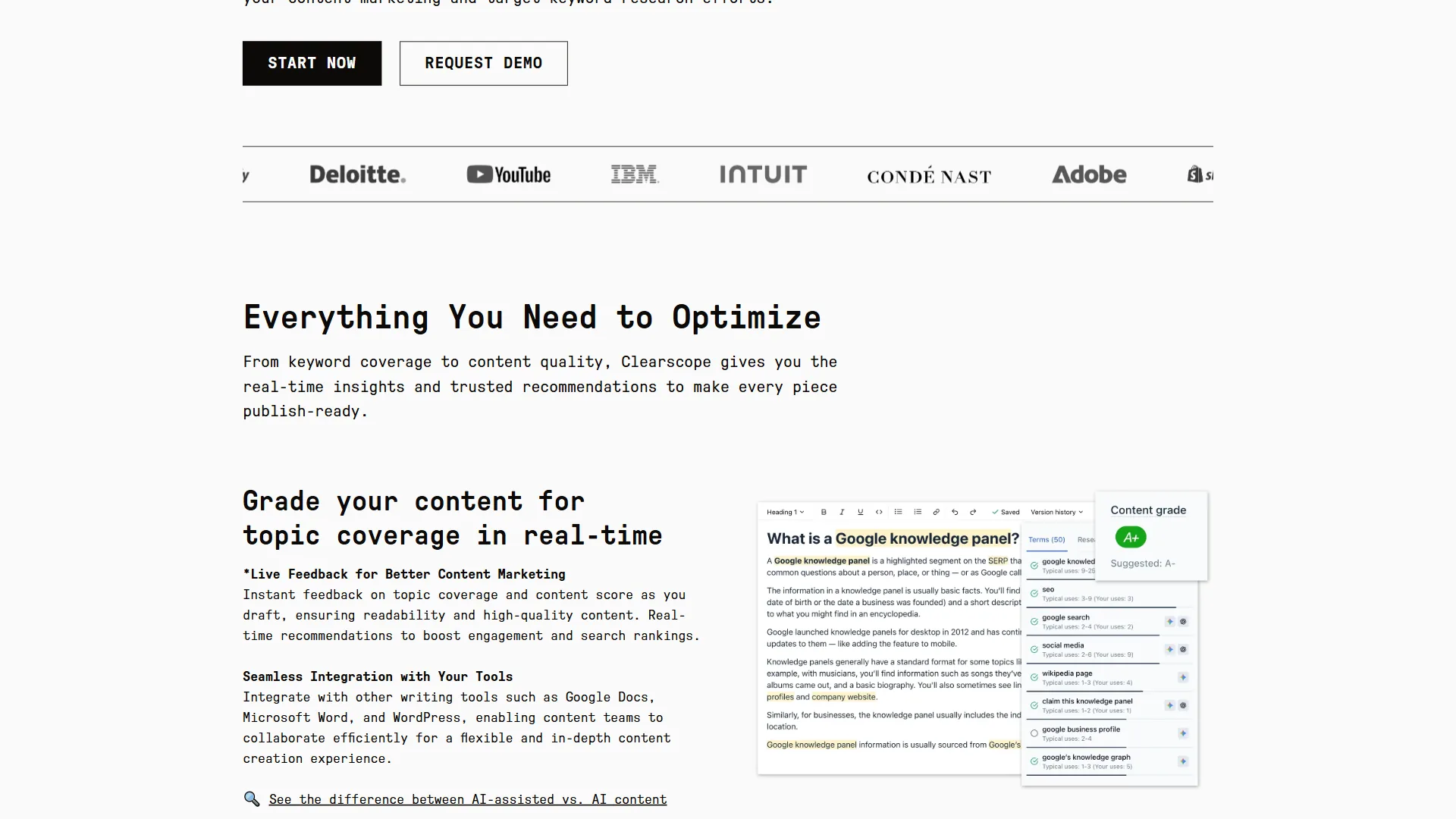 Clearscope homepage showing Everything You Need to Optimize section with real-time content grading feature and logos from enterprise clients like Deloitte, YouTube, IBM, Intuit, and Adobe