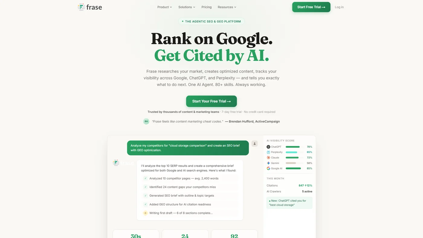 Frase homepage showing Rank on Google and Get Cited by AI with one AI Agent for SEO research, content creation, and optimization