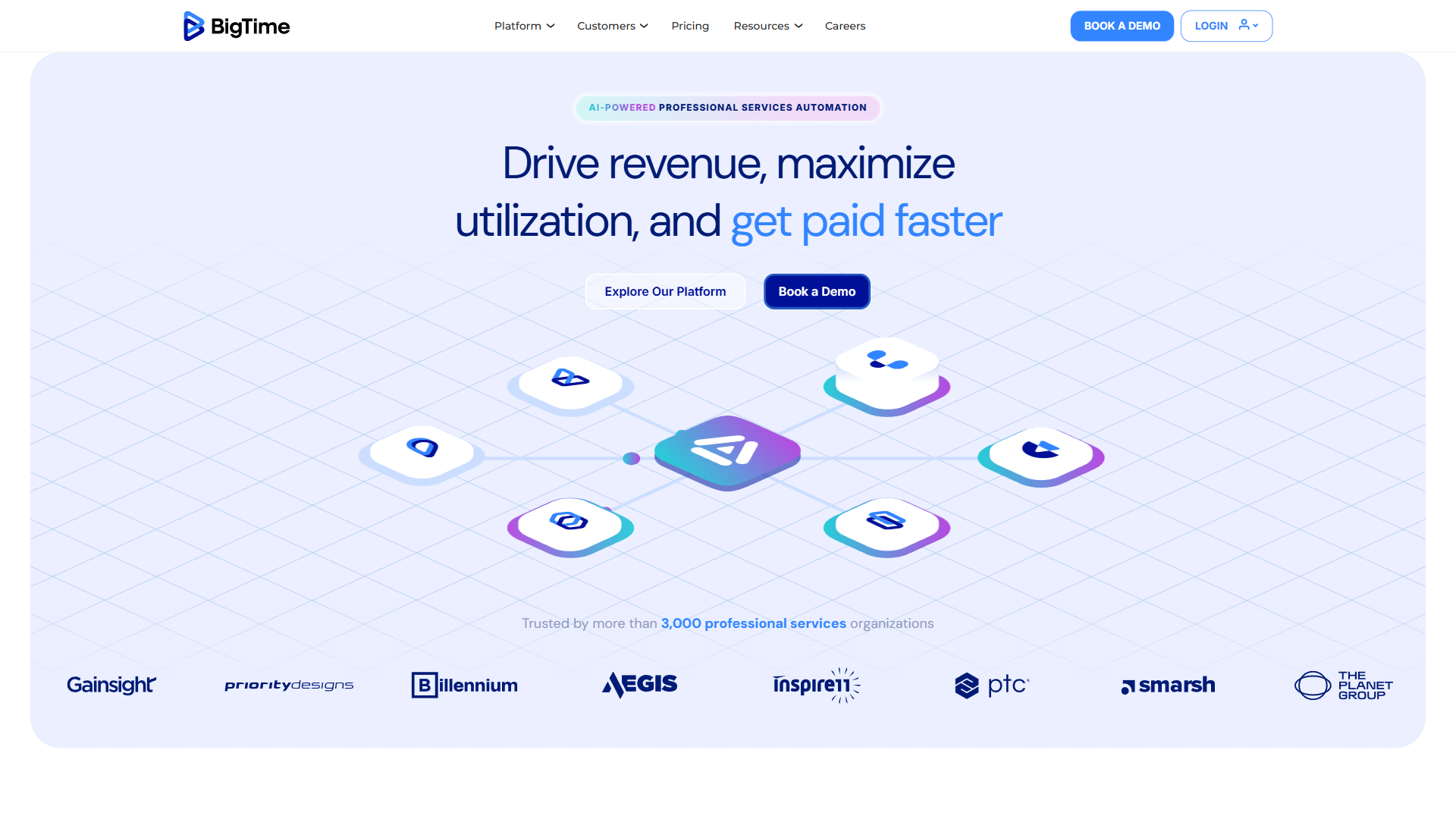 BigTime homepage showing time tracking for professional services and architecture firms