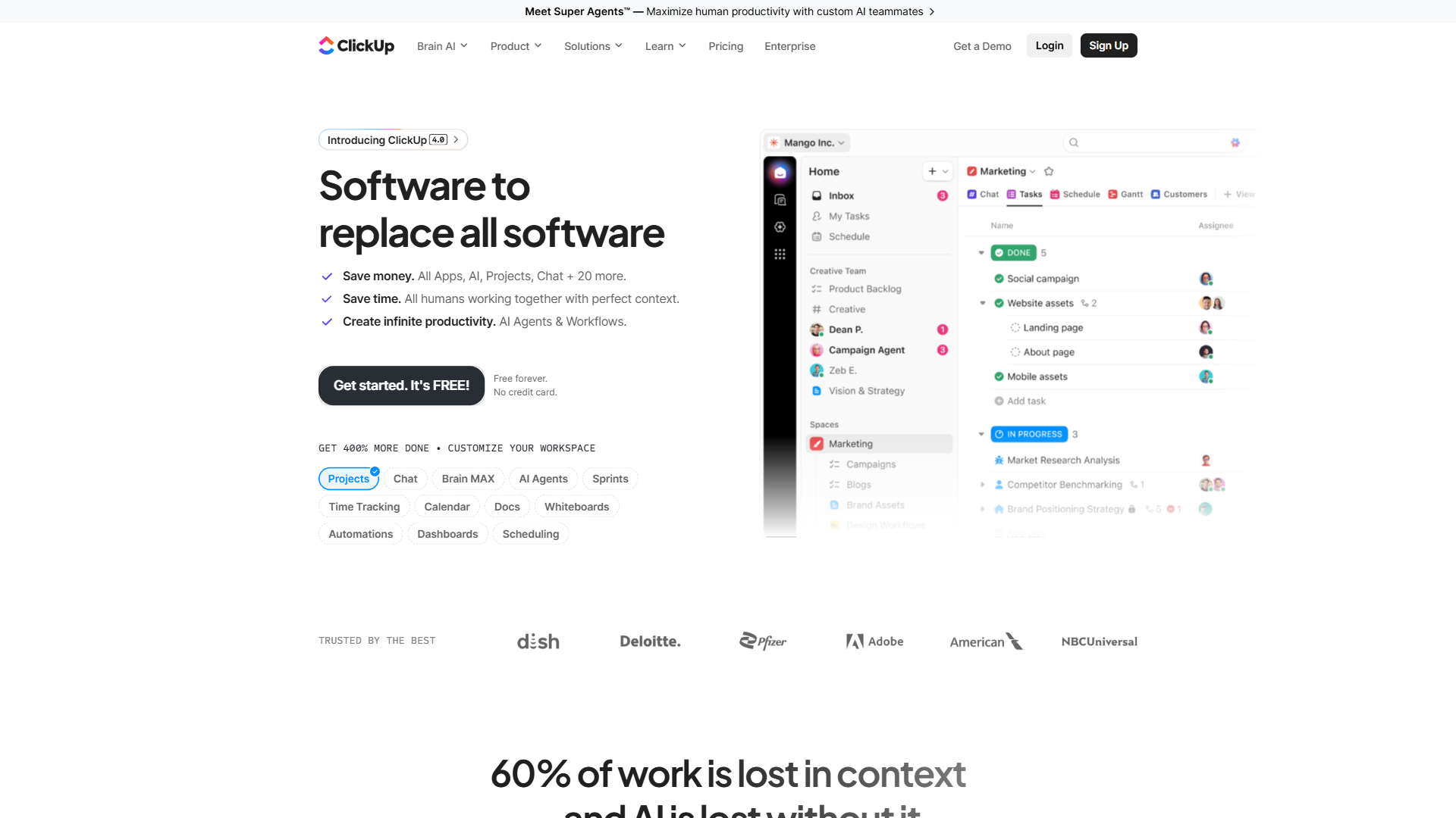 ClickUp homepage showing the all-in-one productivity platform with built-in time tracking