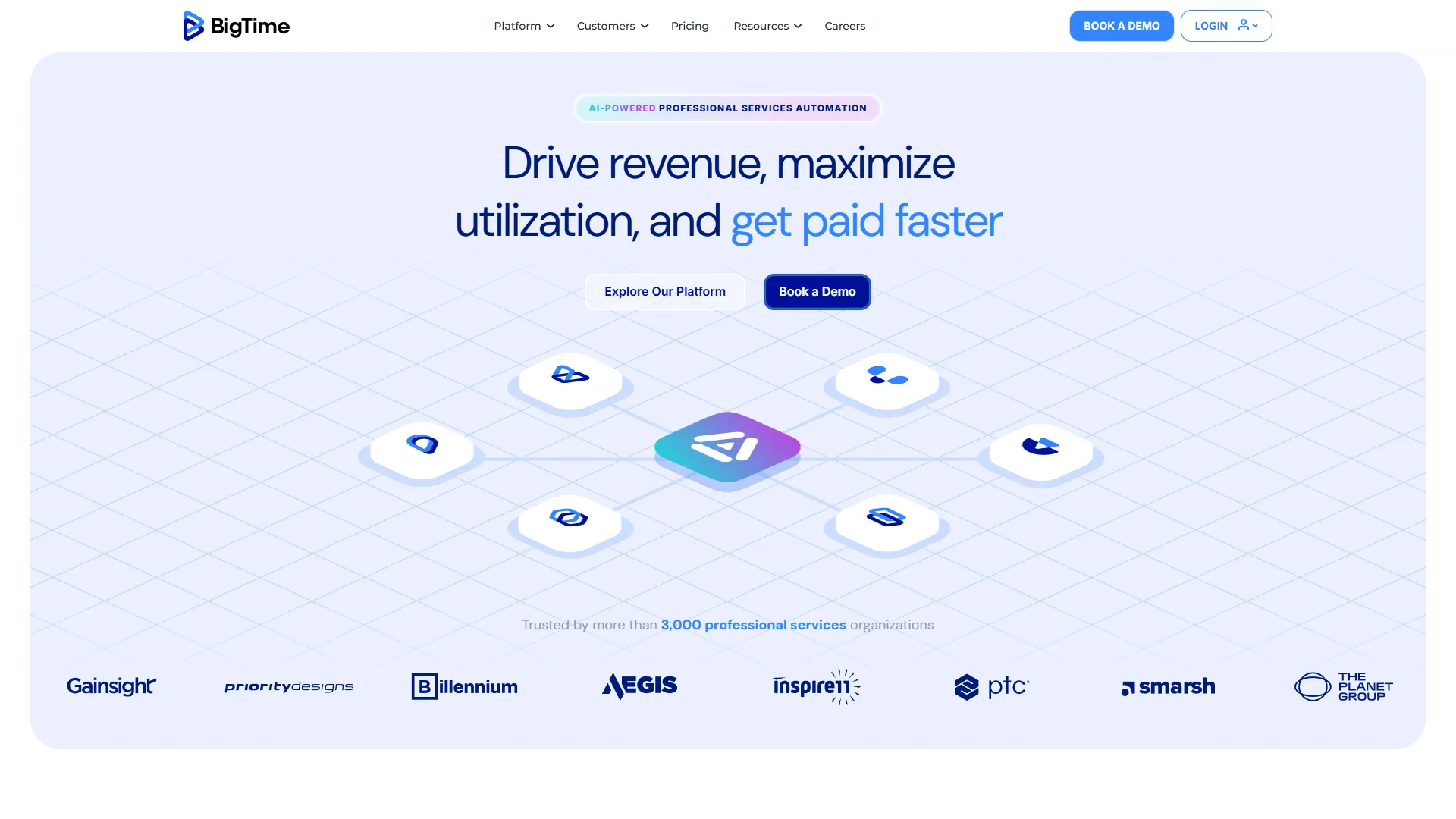 BigTime homepage promoting AI-powered professional services automation and revenue growth