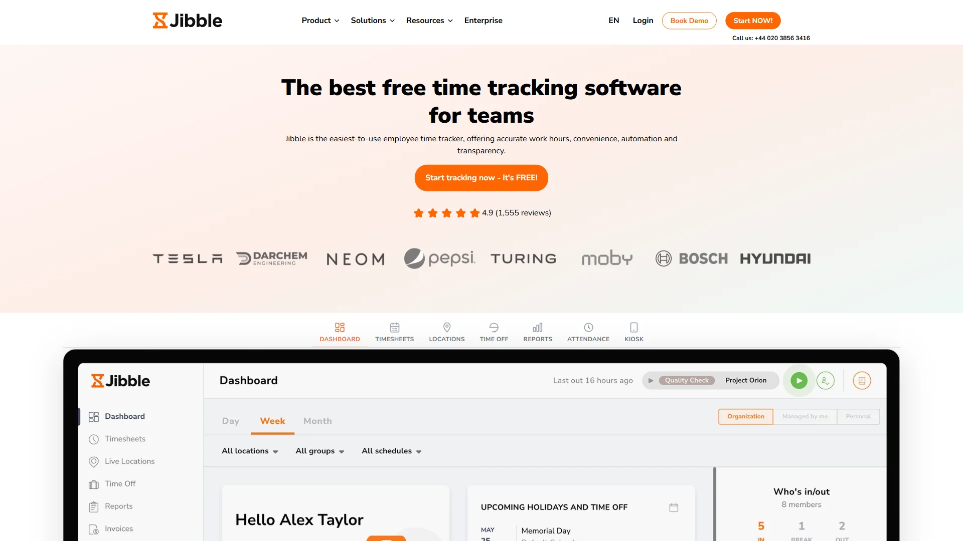 Jibble homepage showcasing free time tracking software with AI facial recognition and GPS attendance verification
