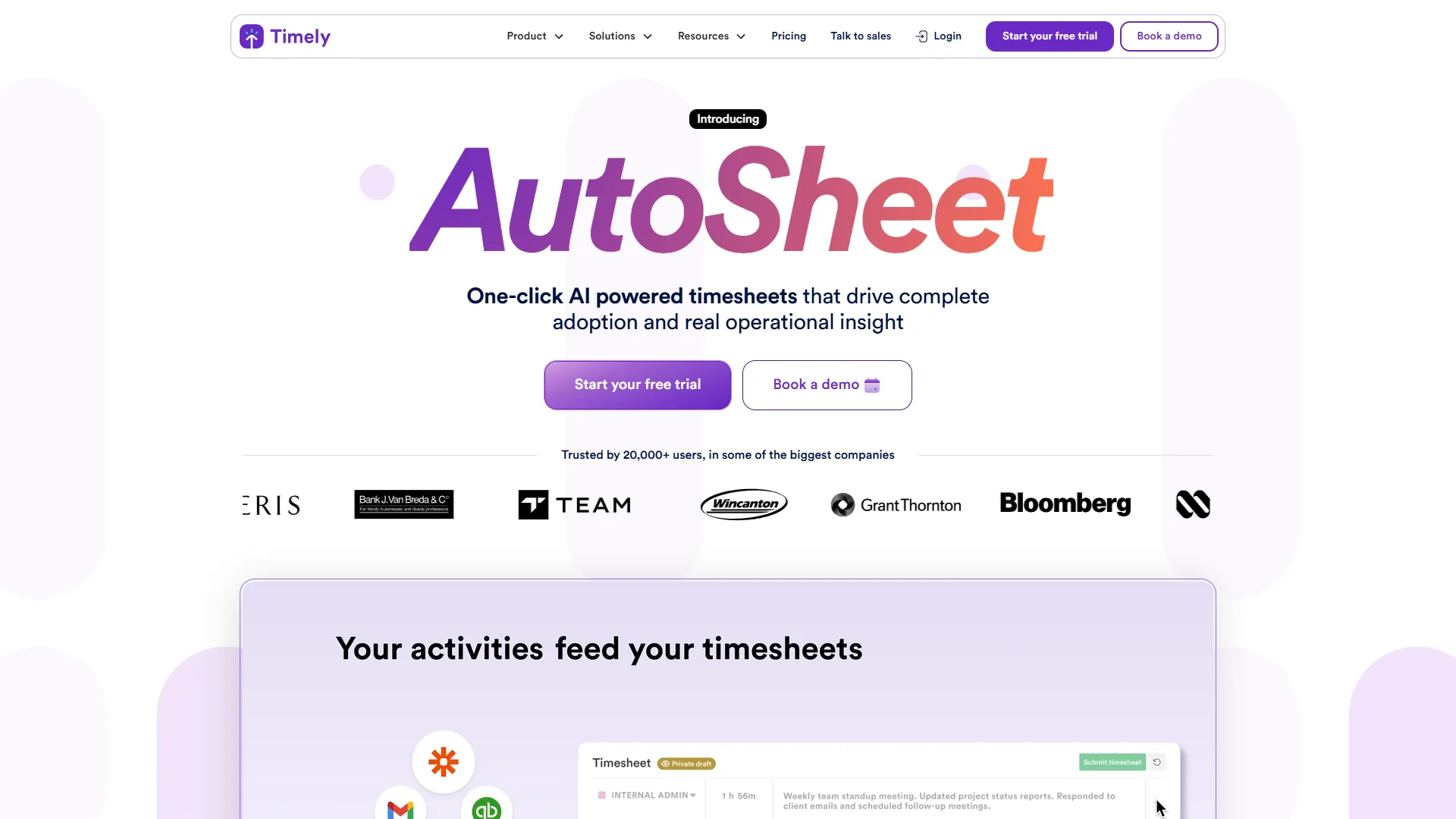 Timely homepage introducing AutoSheet, its one-click AI-powered timesheet feature