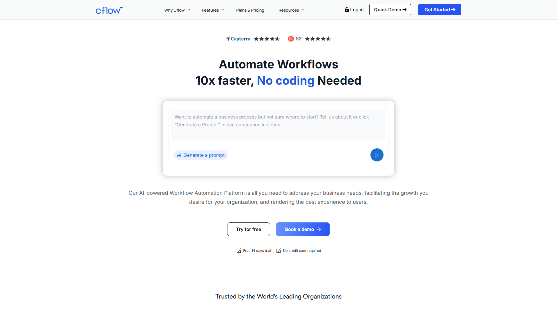 Cflow workflow automation platform homepage showing no-code workflow builder