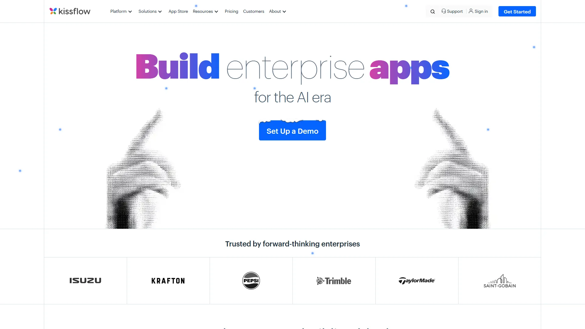 Kissflow low-code platform homepage showing workflow and project management features