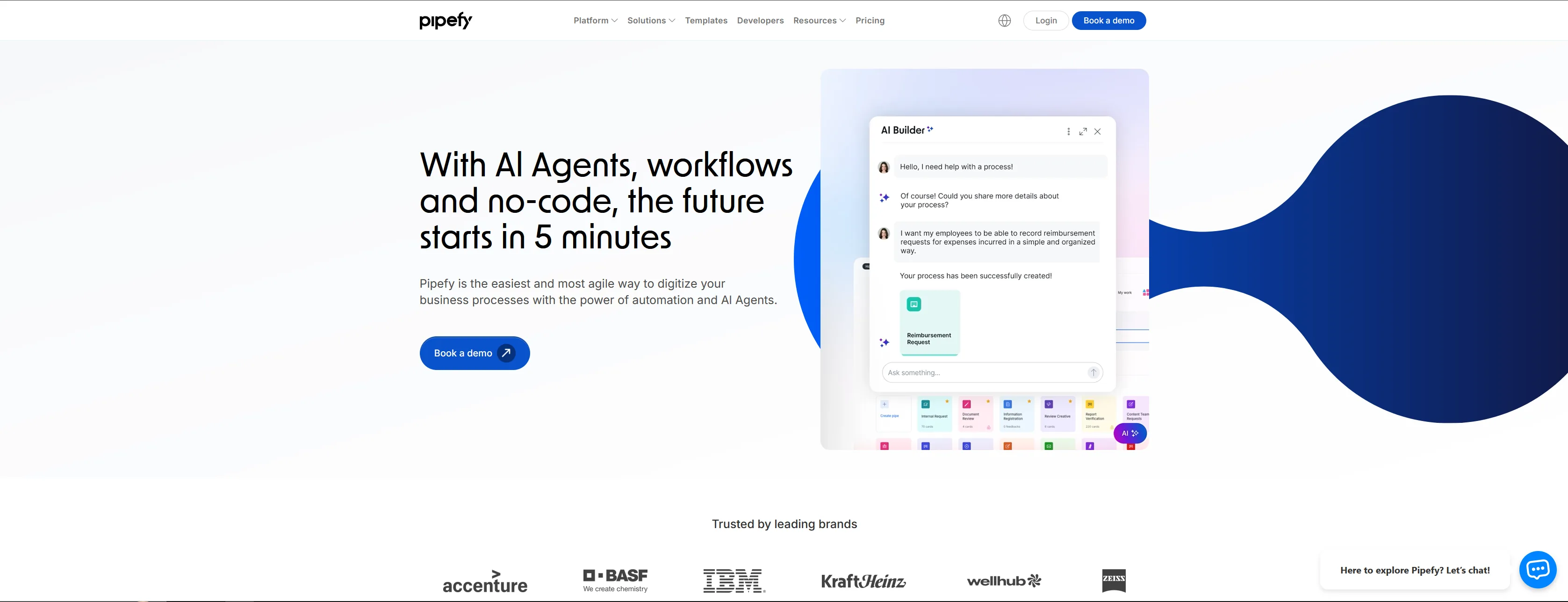 Pipefy homepage showing AI Agents, workflows, and no-code automation platform with AI Builder interface and trusted-by logos including Accenture, BASF, IBM, and KraftHeinz