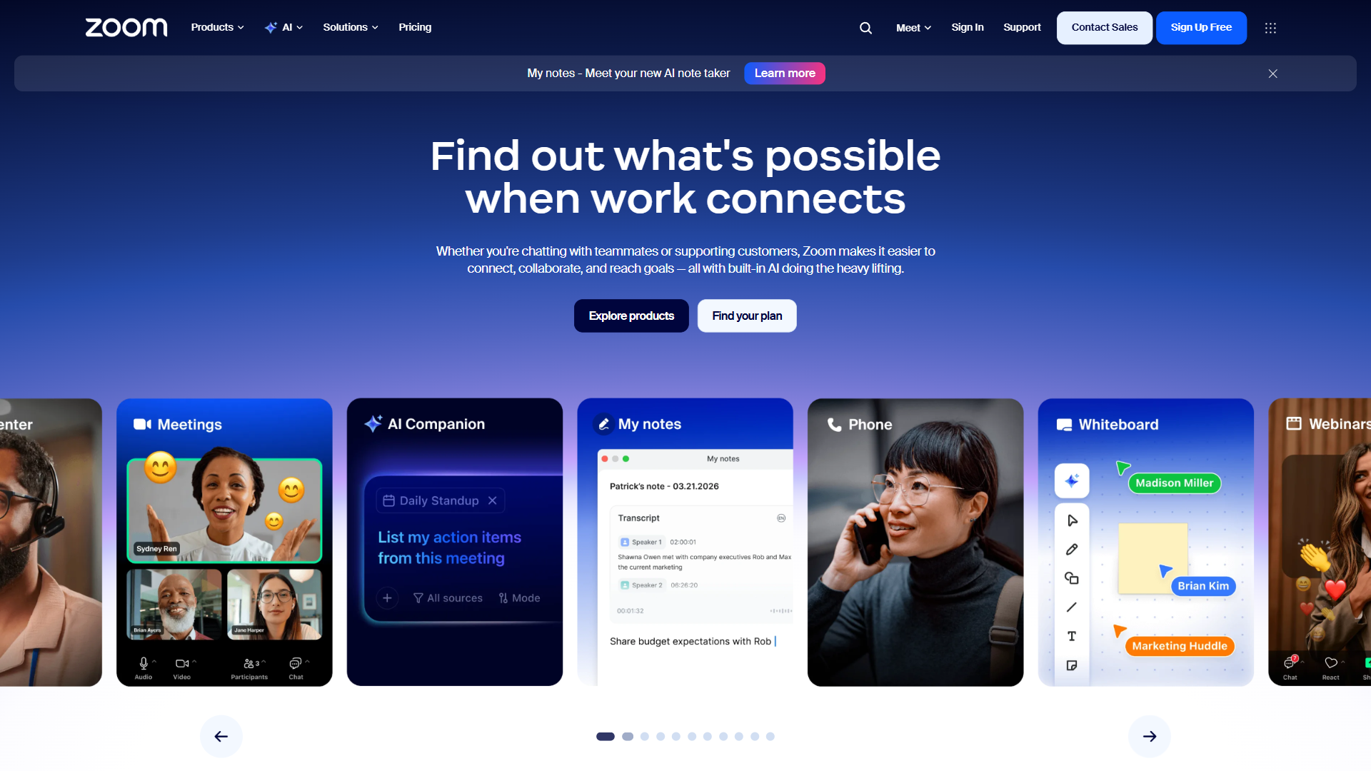 Zoom video conferencing platform homepage