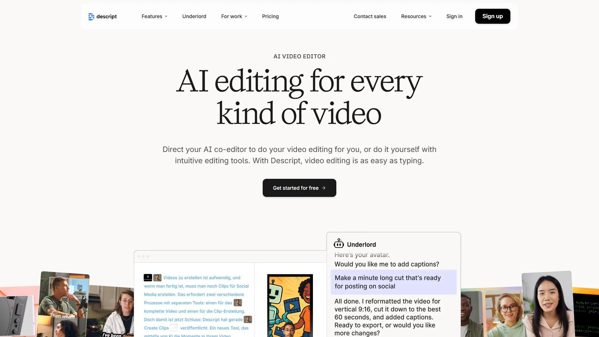 Descript video editing interface with transcript-based editing and AI features