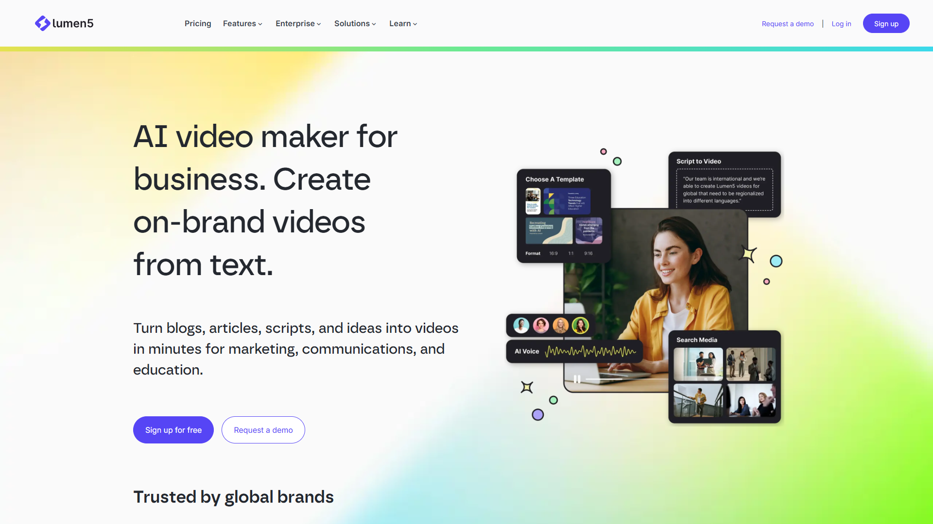Lumen5 video editor with brand kit controls and custom template options