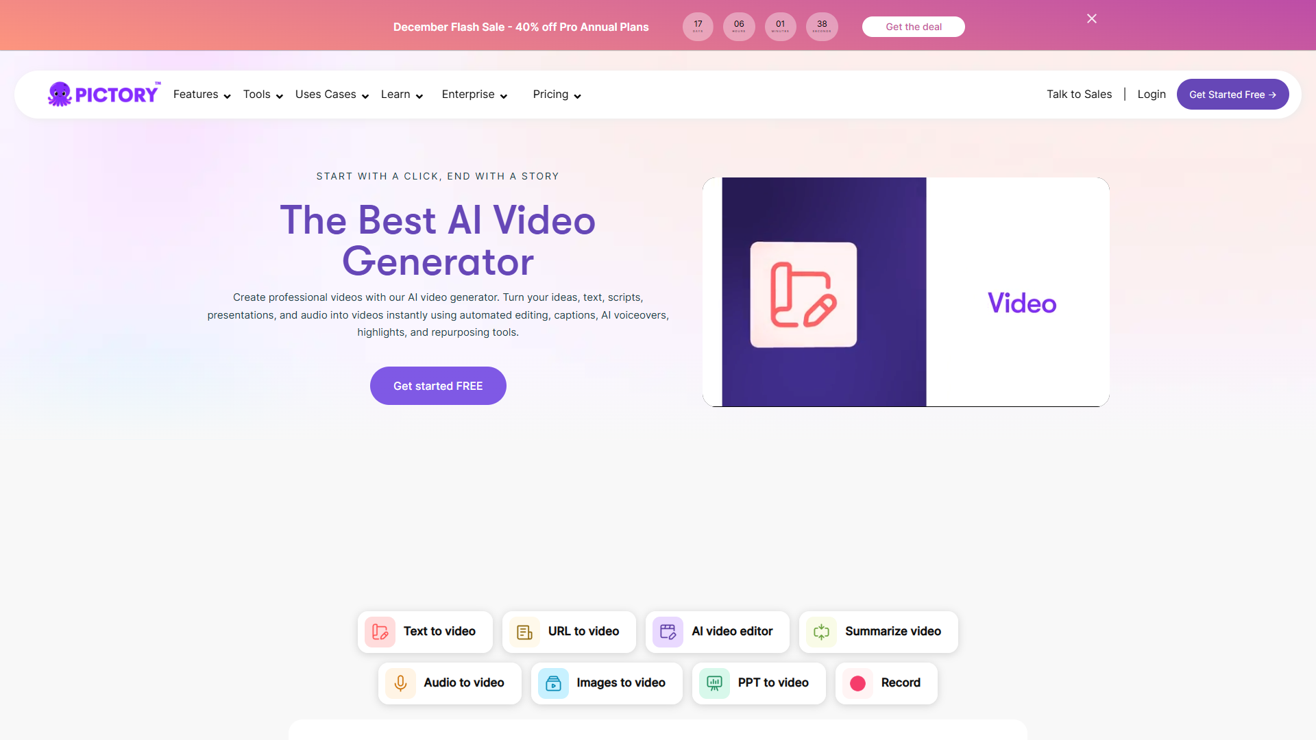 Pictory AI video editor showing blog URL import feature with automatic scene generation