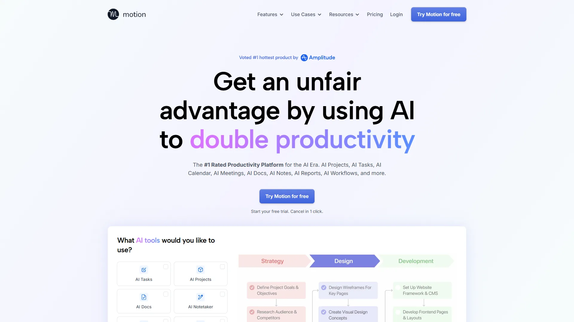 Motion homepage showing AI-powered calendar, task scheduling, and project management