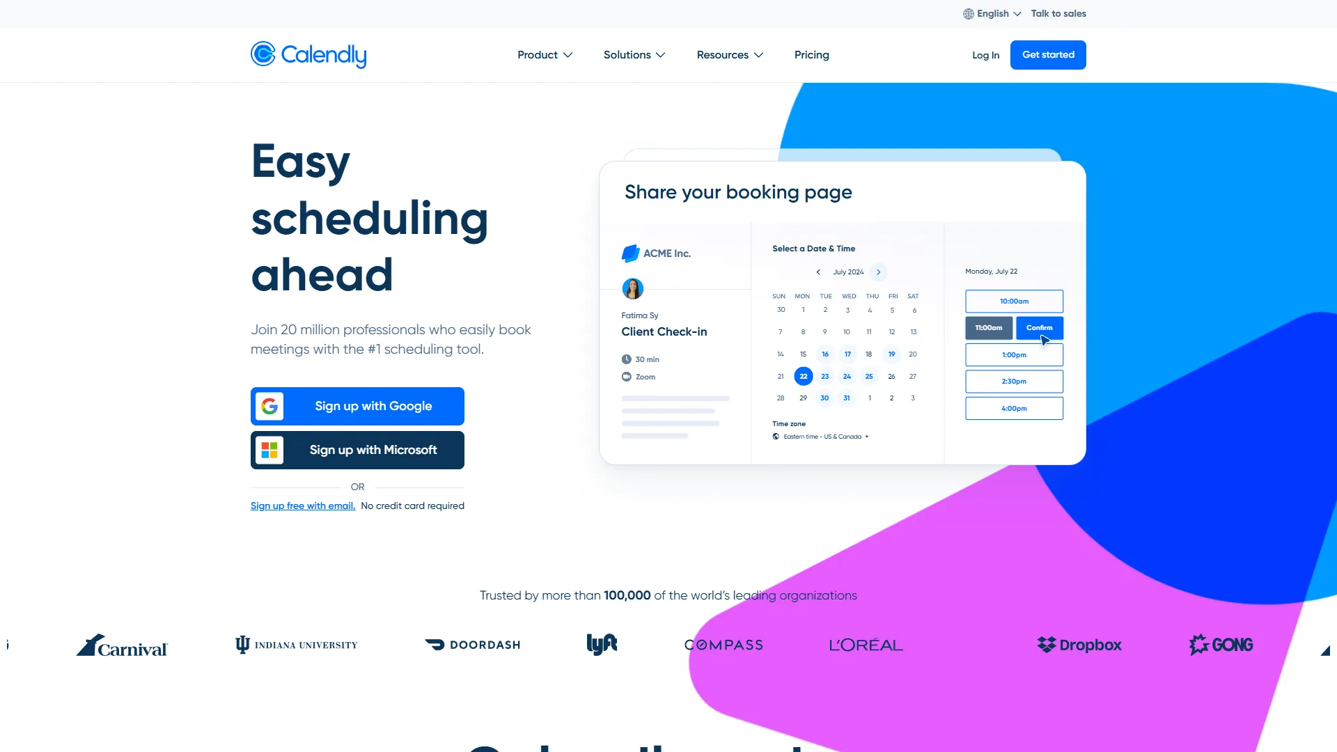 Calendly scheduling platform landing page showing meeting booking interface