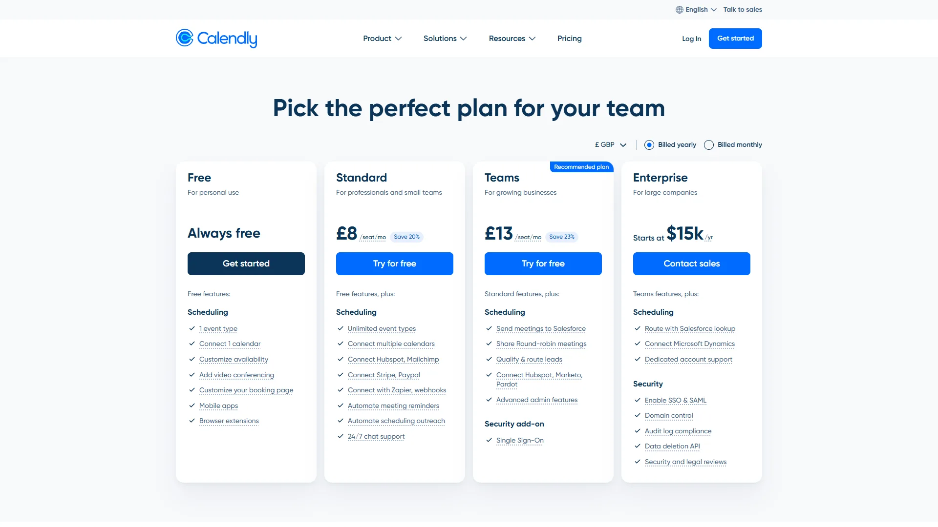 Calendly pricing page showing free and paid tier options