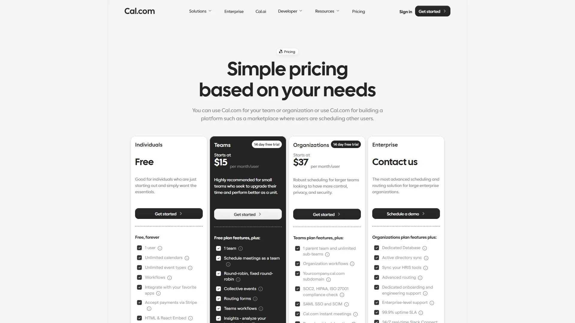 Cal.com pricing page showing free and paid tier options