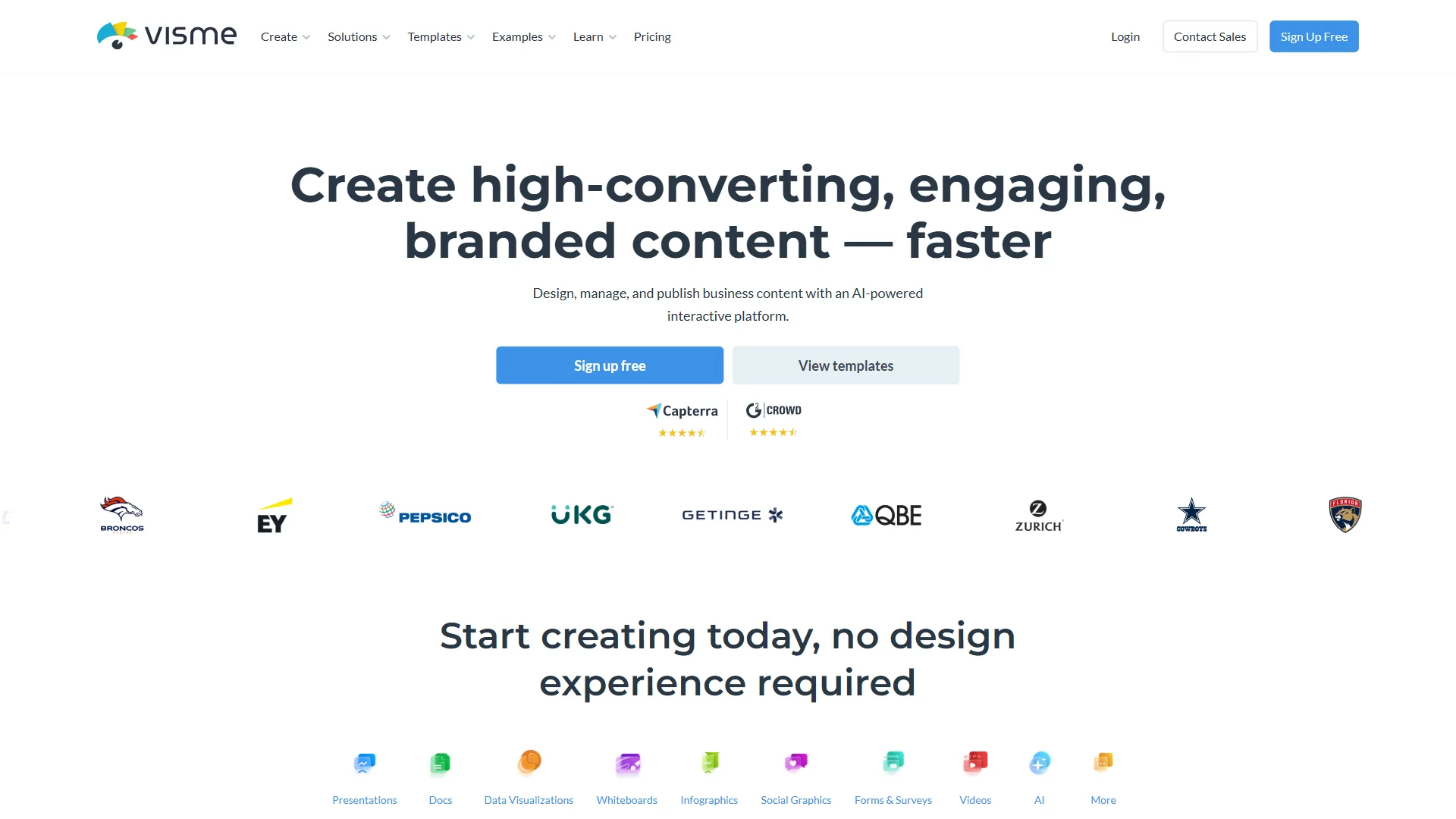 Visme homepage promoting high-converting branded content with enterprise client logos