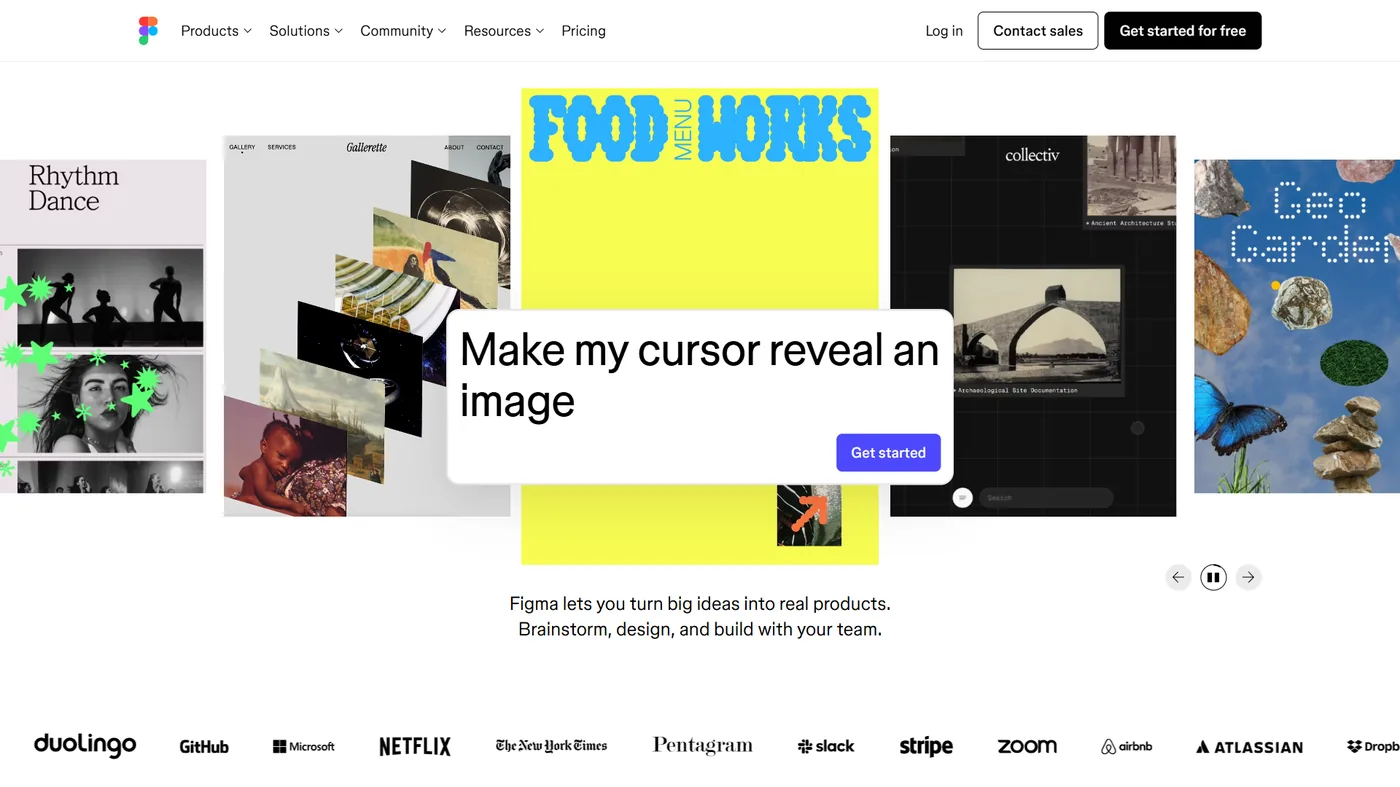 Figma homepage with interactive design examples and enterprise client logos