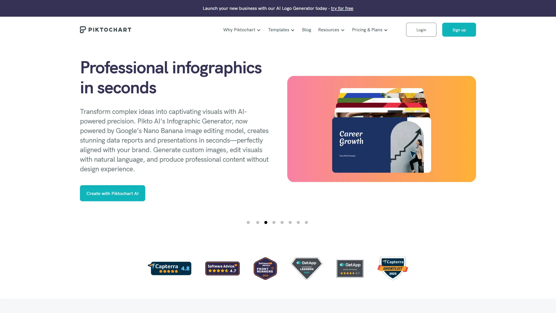 Piktochart homepage promoting AI-powered infographic generation in seconds