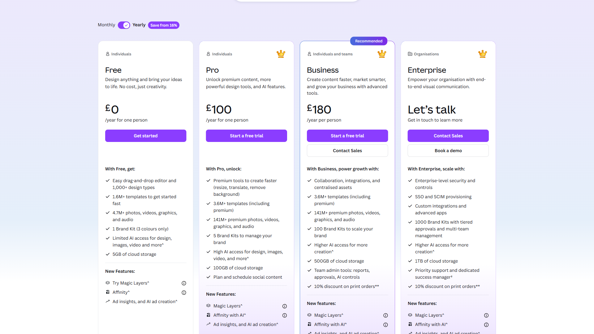 Canva pricing page displaying Free, Pro, Business, and Enterprise plan comparison