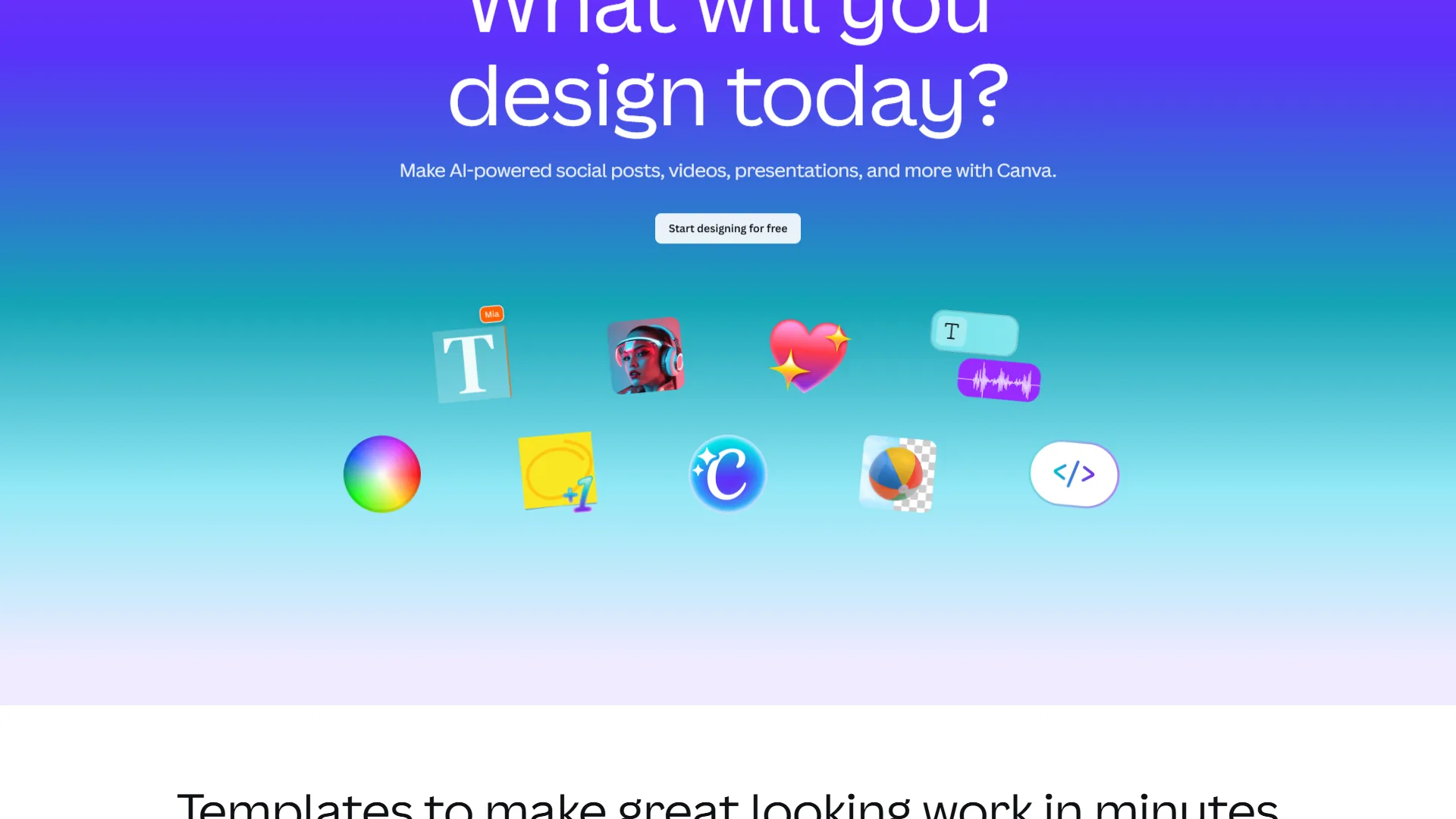Canva homepage showing the drag-and-drop design editor with Magic Studio AI tools and template gallery