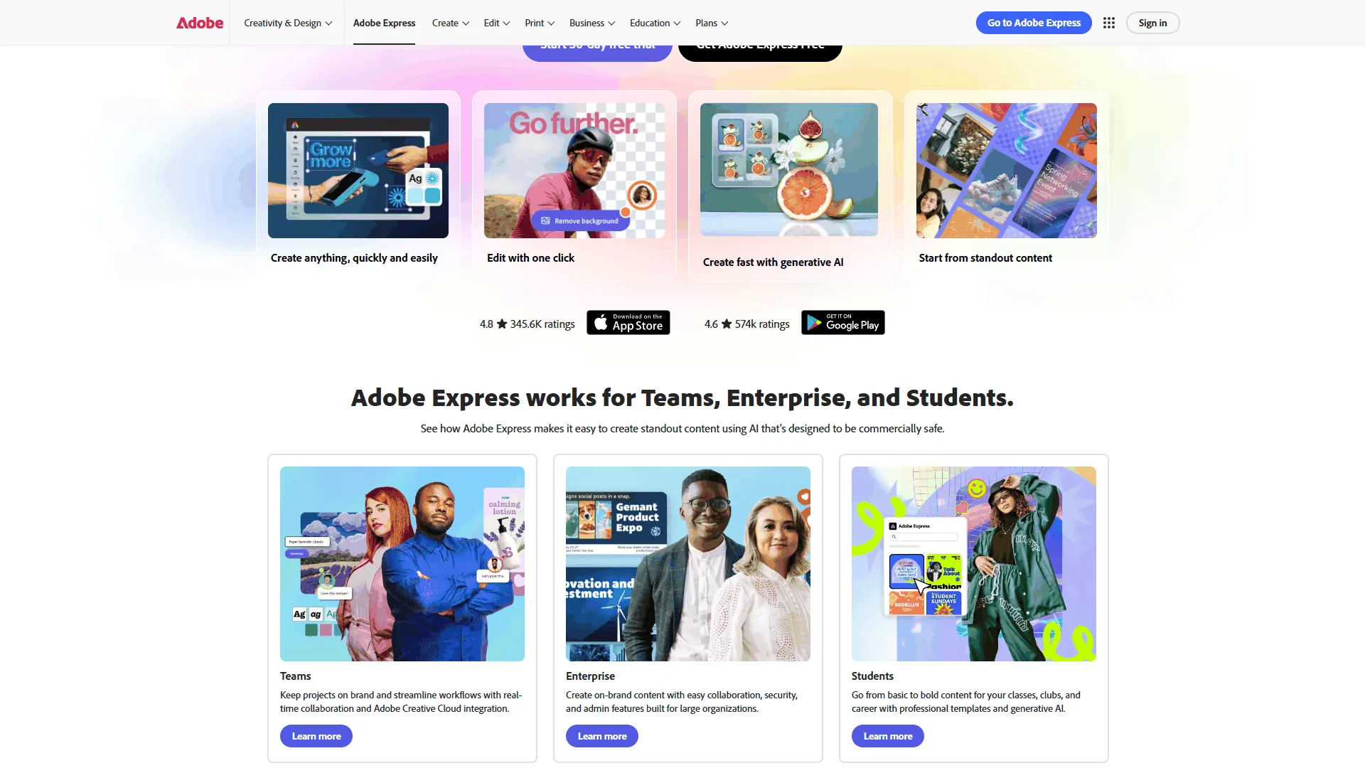 Adobe Express homepage showcasing Firefly AI integration and one-click design tools