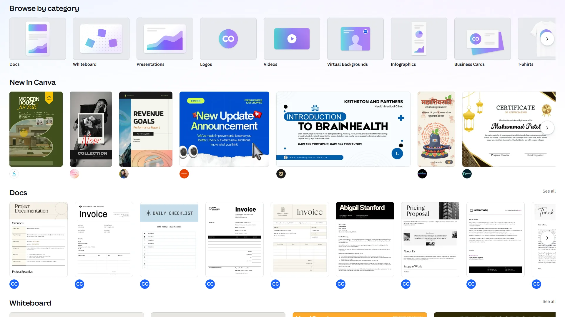 Canva template gallery displaying thousands of design templates across multiple categories