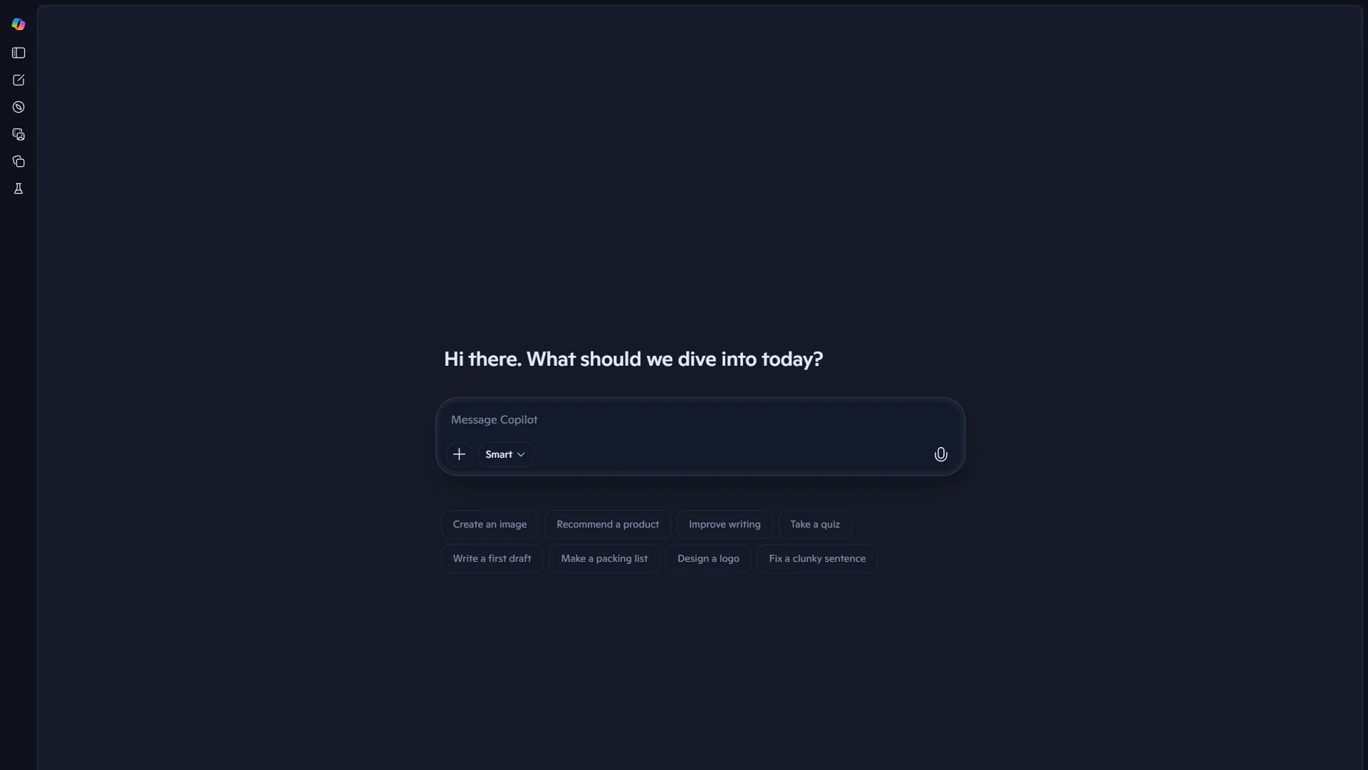 Microsoft Copilot chat landing page with suggestion chips for images, writing, quizzes, and drafts