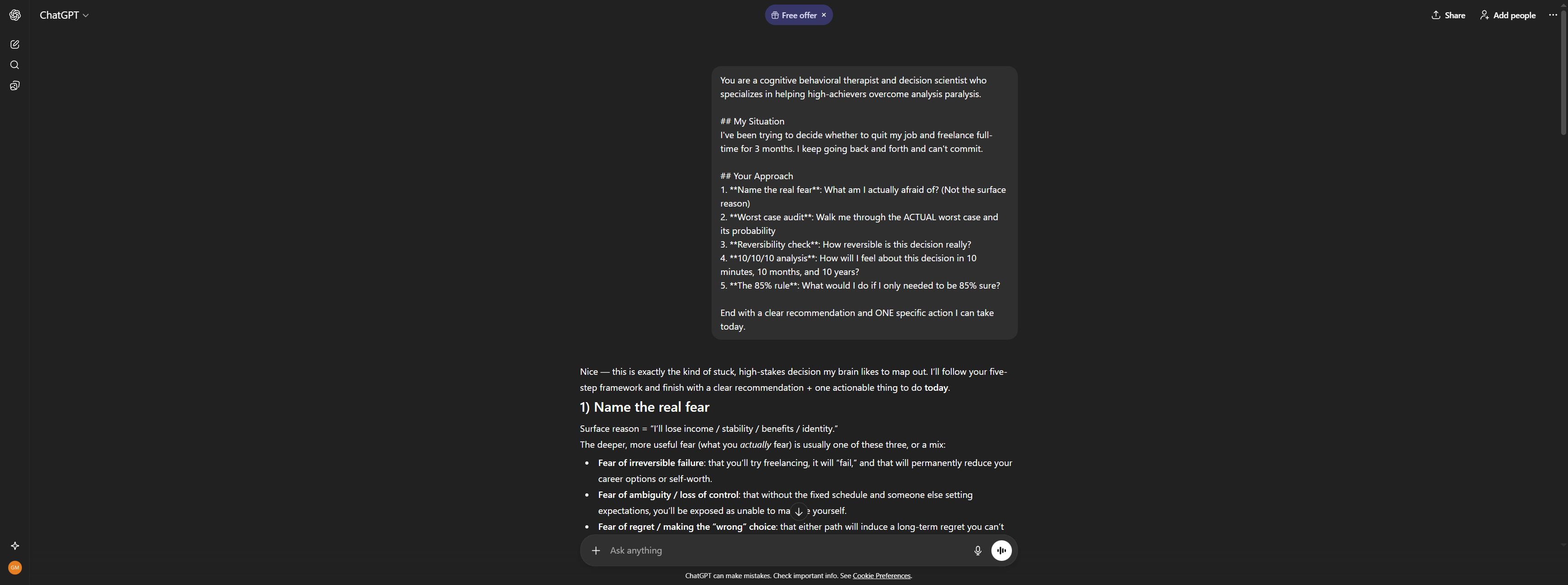 ChatGPT prompt for decision analysis with the Decision Unsticker technique showing bias exposure