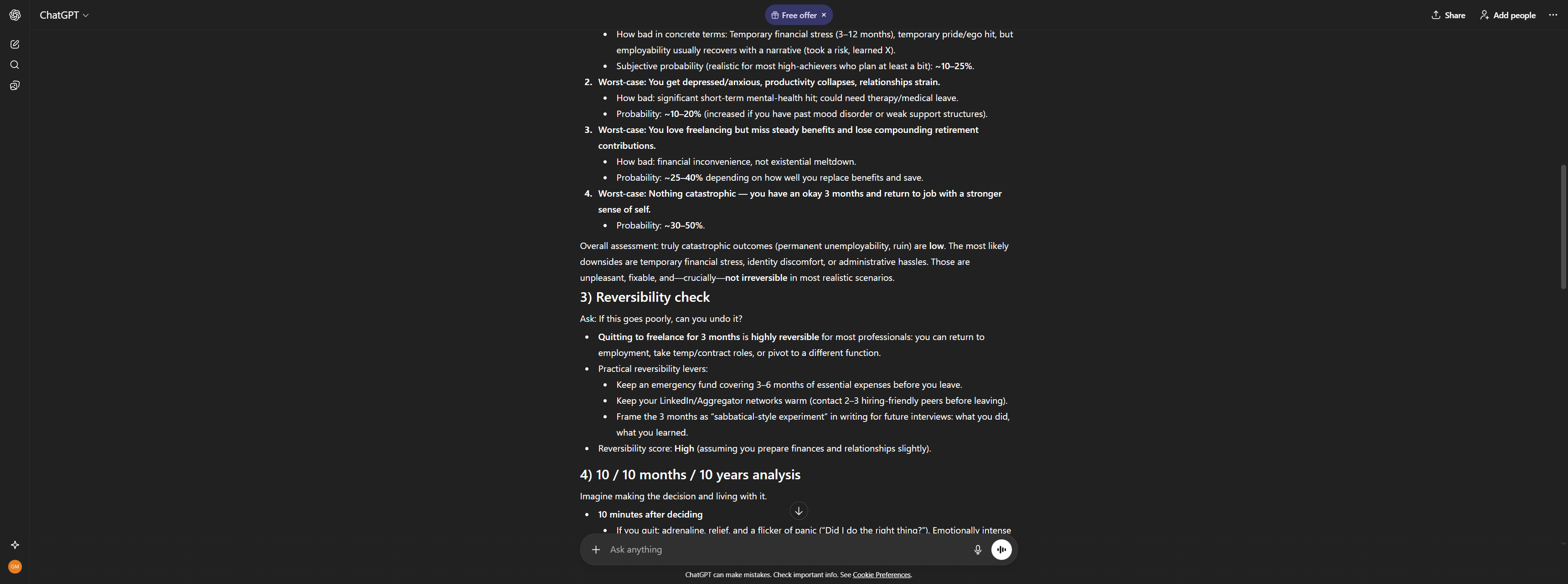 ChatGPT output showing clear recommendation, safety nets, and one specific action to take today