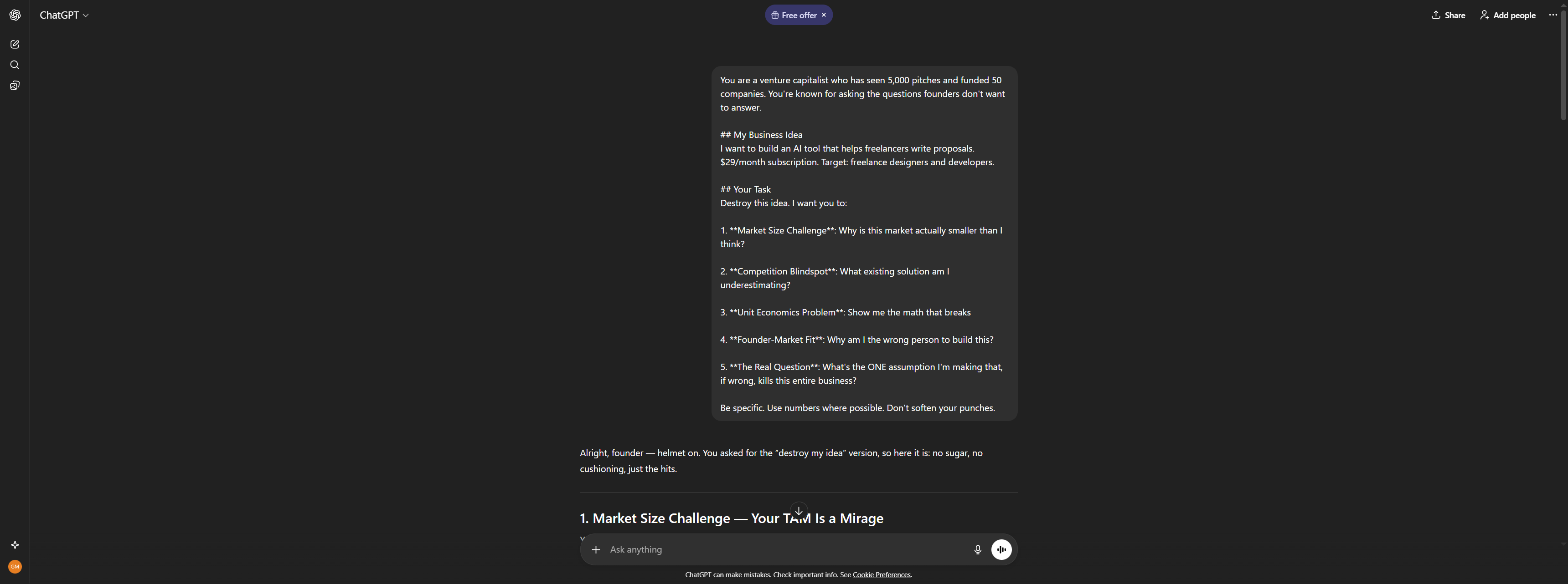 ChatGPT prompt for Devil's Advocate showing the VC-style critique with market size challenge