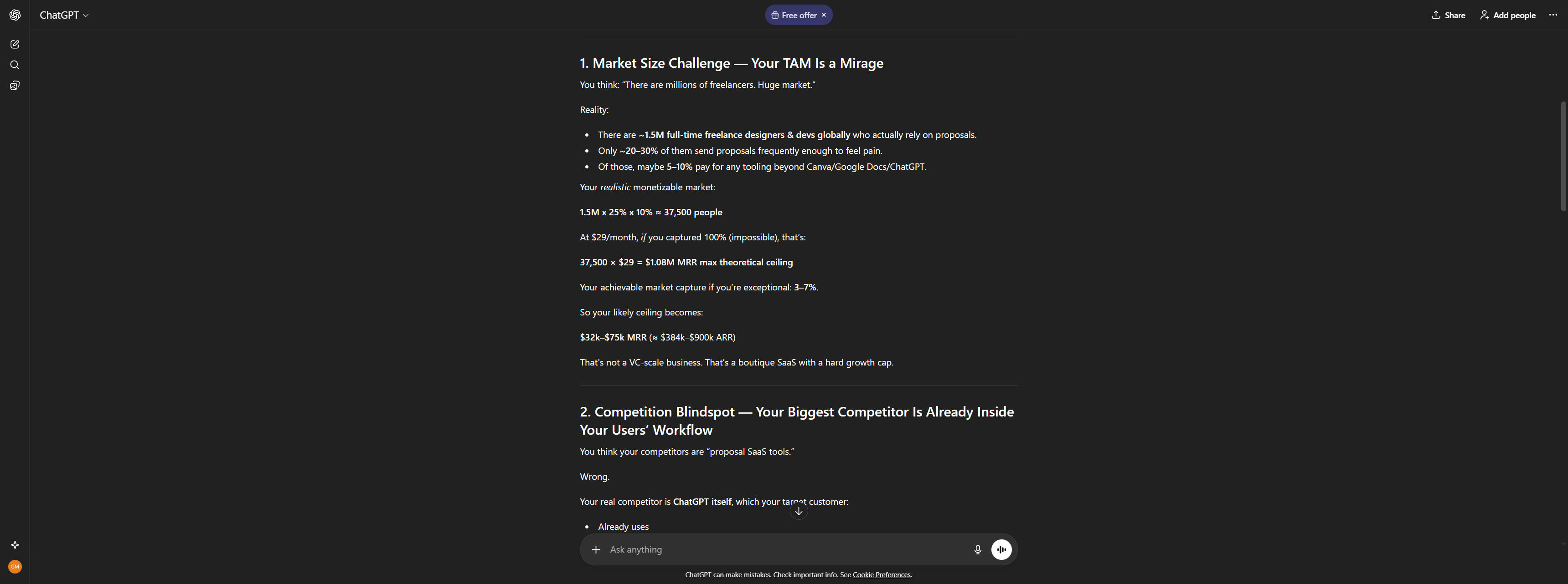 ChatGPT output showing the kill shot assumption and summary of why the business idea fails