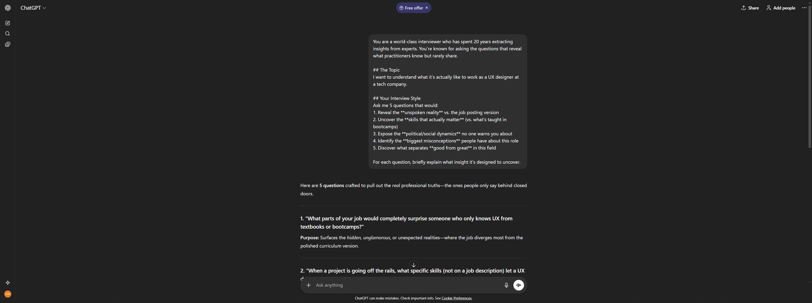 ChatGPT prompt for expert interviewer technique showing the first two probing questions