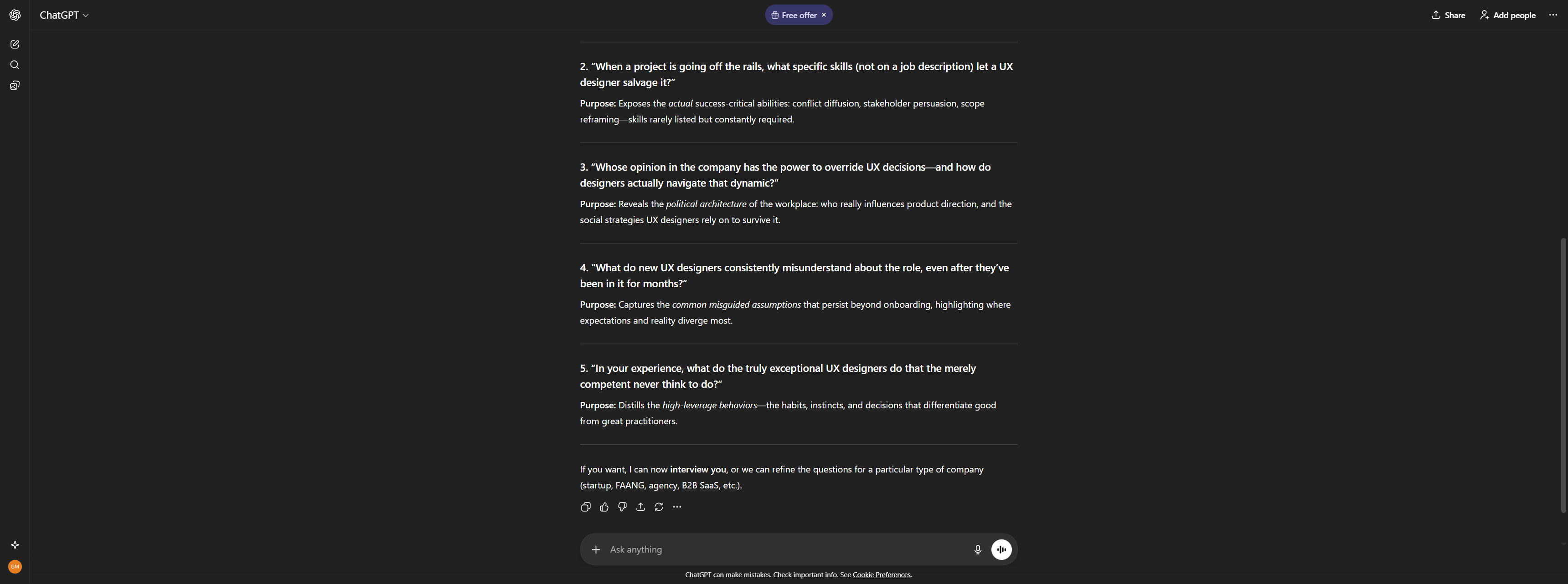 ChatGPT output showing questions about political dynamics, misconceptions, and what separates good from great