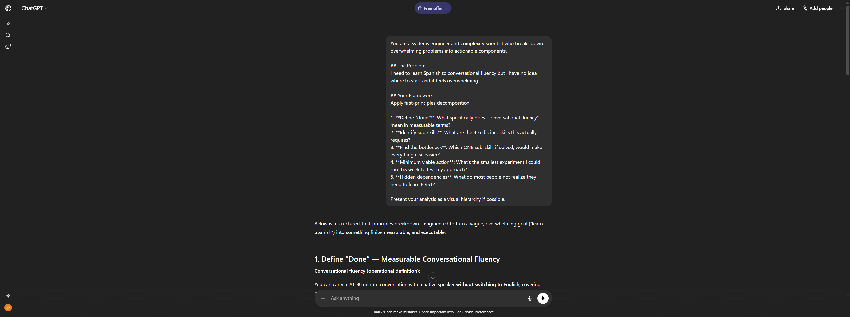 ChatGPT prompt for problem decomposition showing the measurable definition of conversational fluency