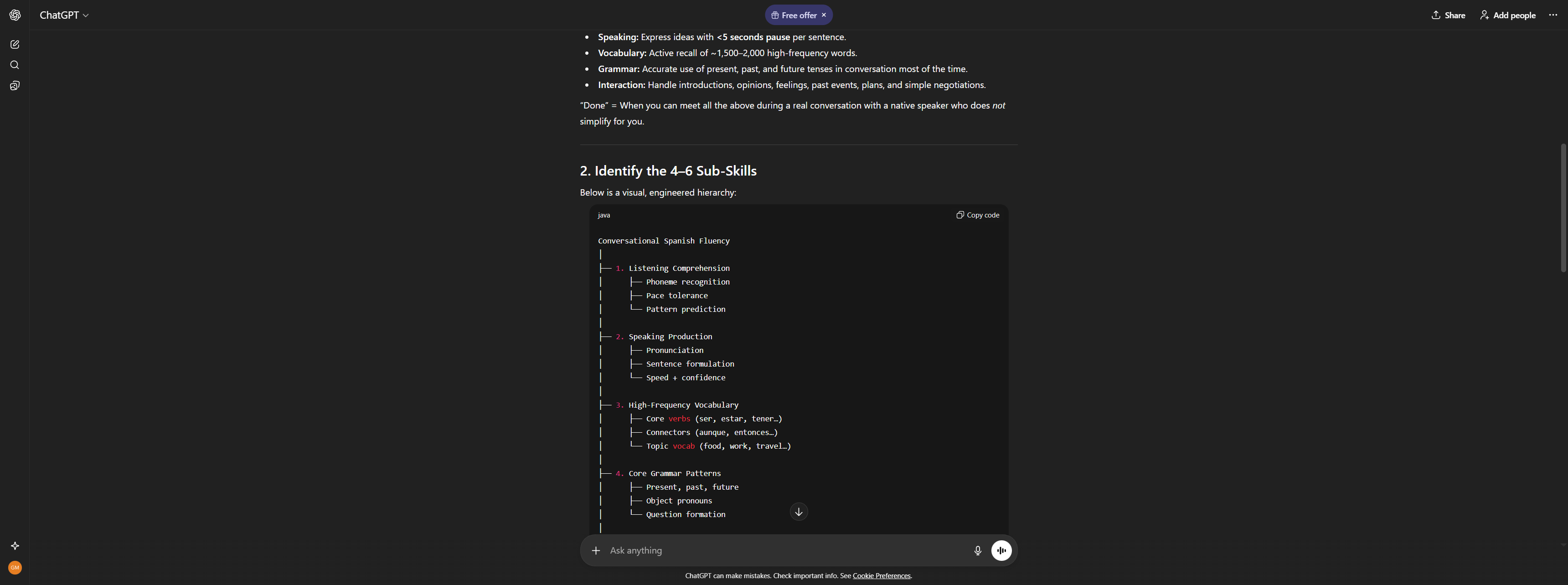 ChatGPT output showing the bottleneck analysis and minimum viable action for the week