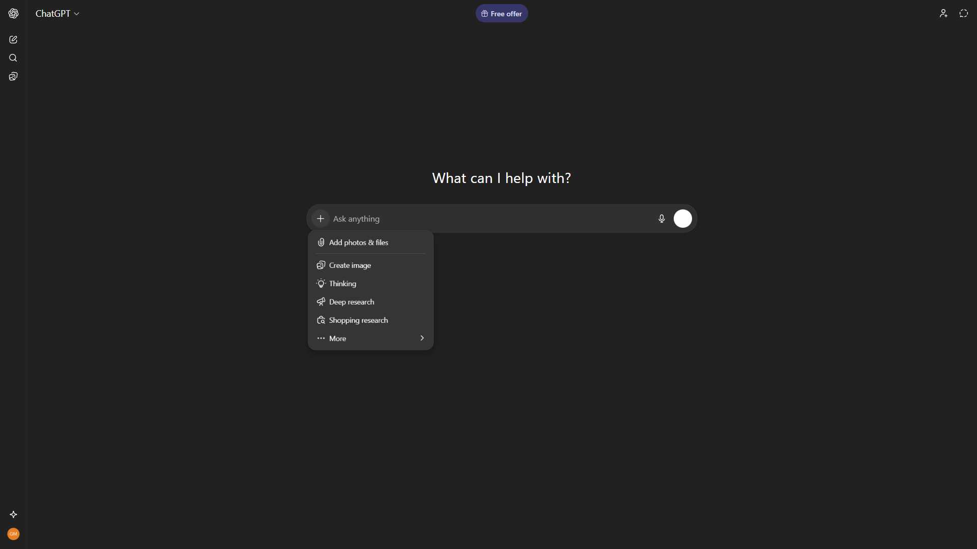 ChatGPT interface showing the tools dropdown and chat input area