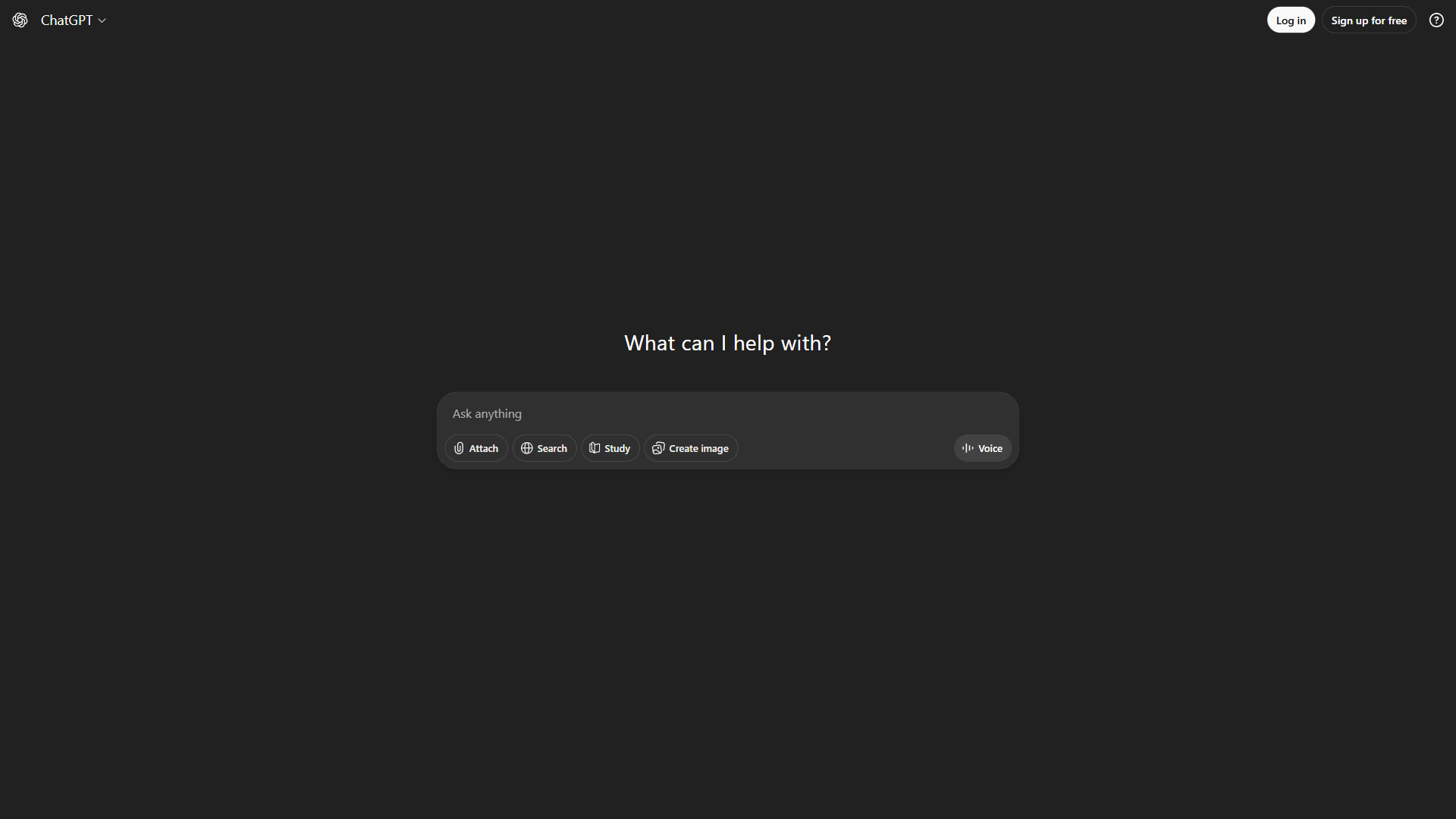ChatGPT dark mode interface showing the conversation prompt with Attach, Search, Study, Create image, and Voice action buttons